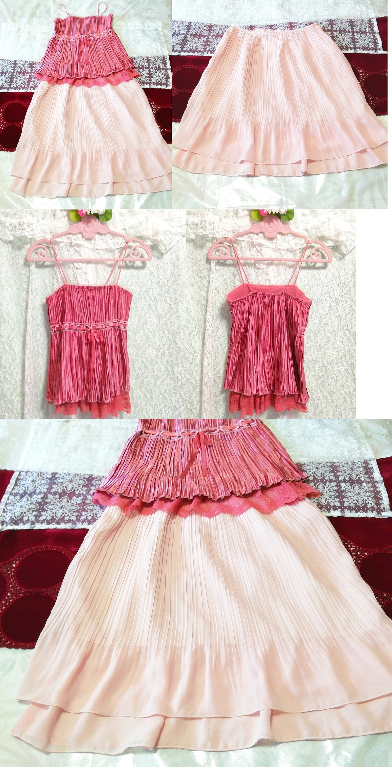 ピンクサテンレースキャミソール ネグリジェ ピンクシフォンプリーツスカート 2P Pink satin lace camisole negligee pink chiffon skirt, ファッション, レディースファッション, ナイトウエア、パジャマ