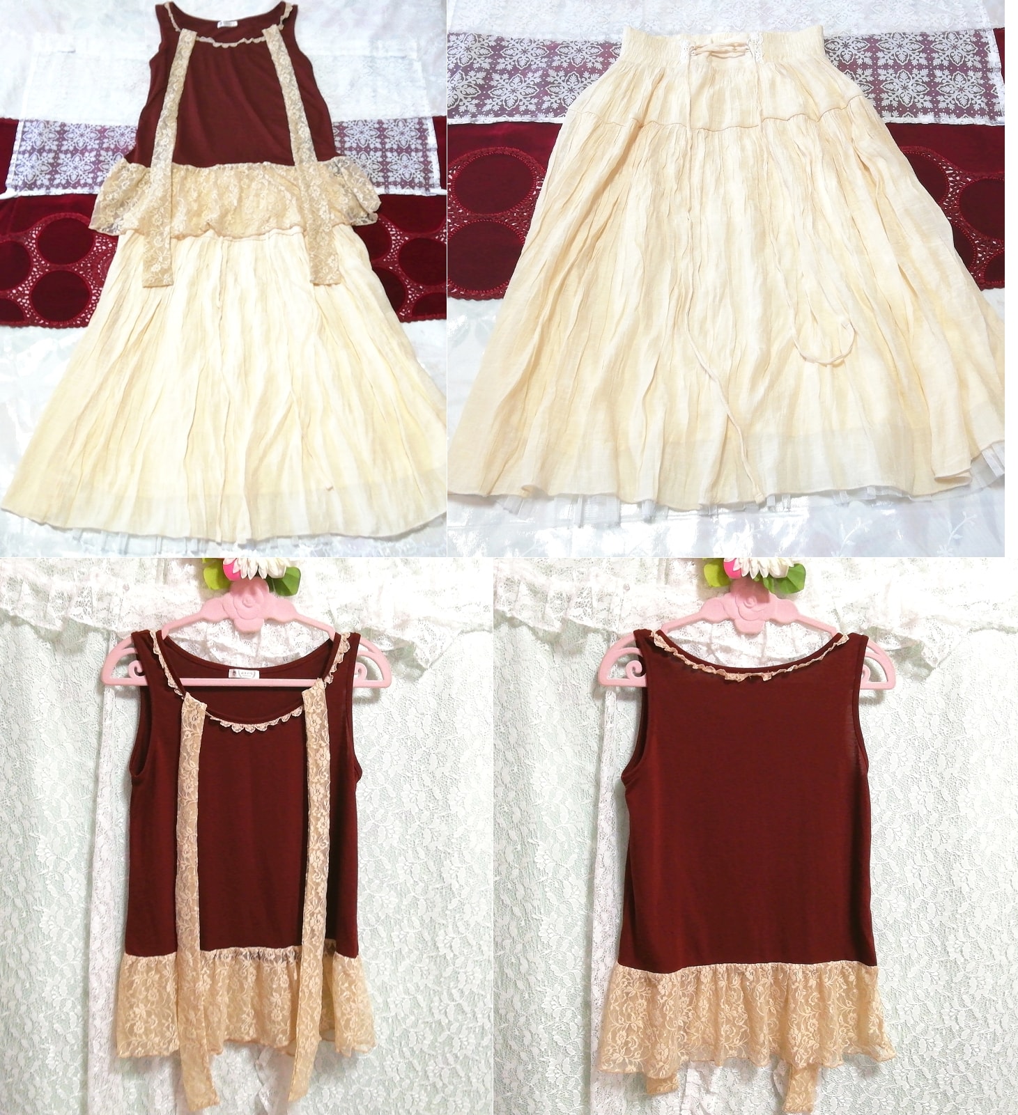 Brown flaxen lace sleeveless tunic negligee nightgown long skirt 2P, fashion, ladies' fashion, nightwear, pajamas