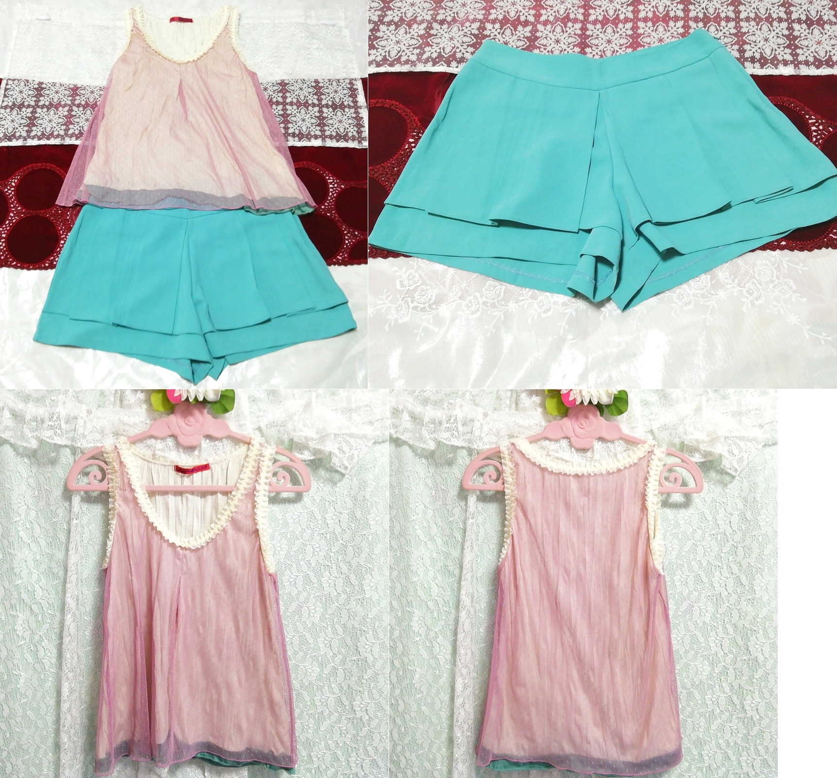 Rosa ärmellose Tunika mit Rüschen, Negligé-Nachthemd, grüne Shorts, 2 Stück, Mode, Frauenmode, Nachtwäsche, Pyjama