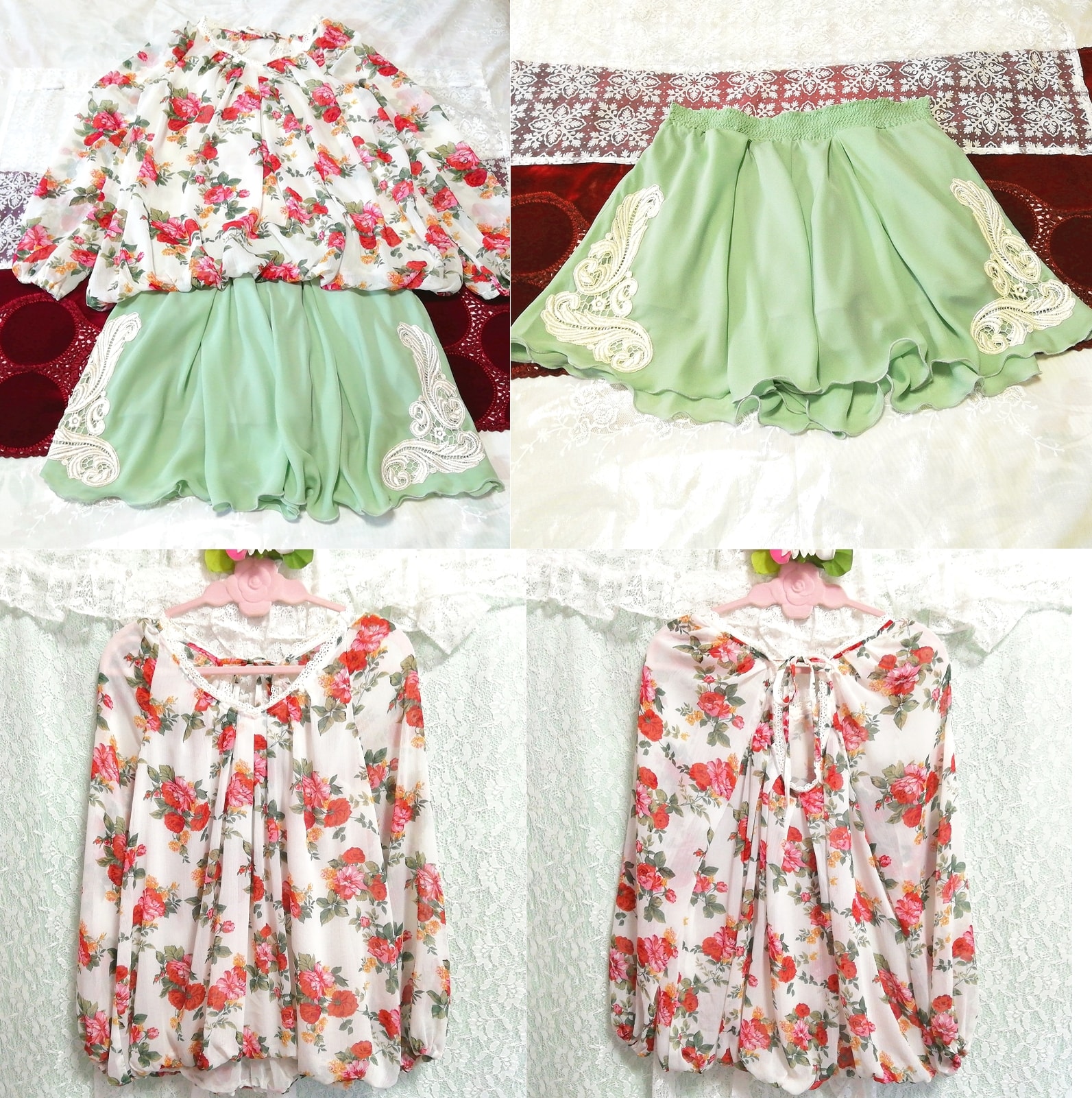 Weiß-rotes Chiffon-Tunika-Negligé-Nachthemd mit Blumenmuster, grüne Shorts, 2 Stück, Mode, Frauenmode, Nachtwäsche, Pyjama
