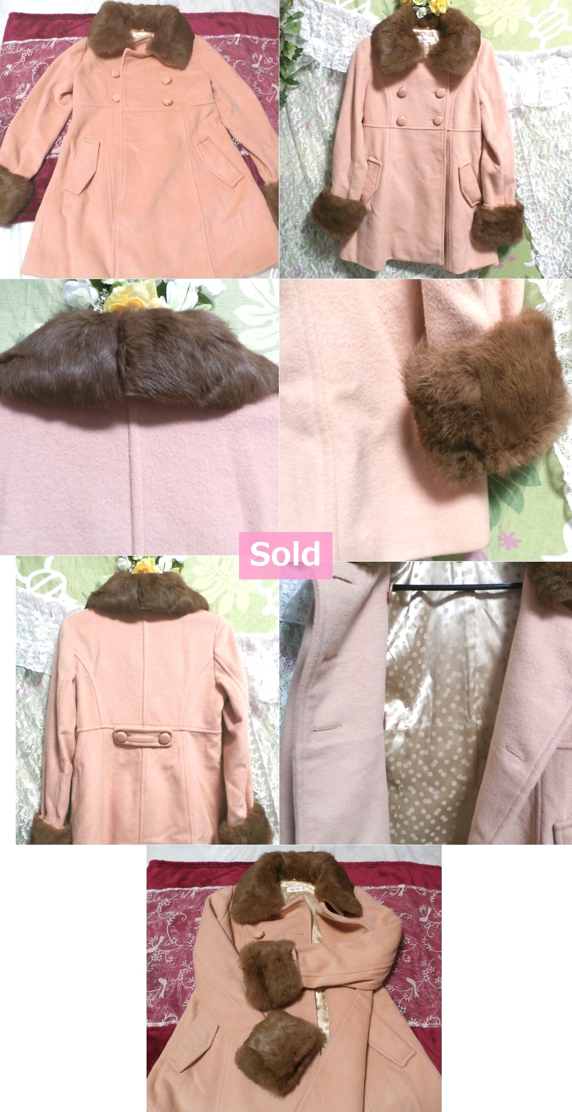 ピンク色ラビットファーロングコート/外套 Pink rabbit fur long coat