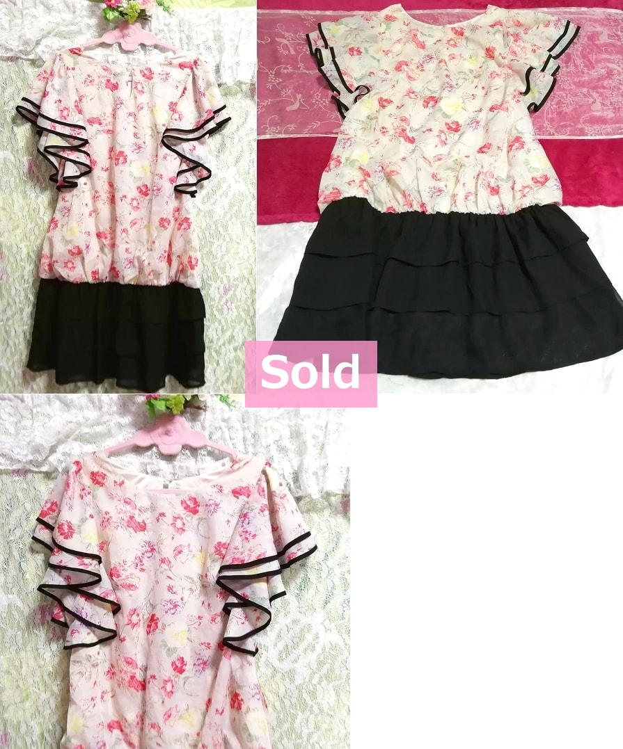 Black 3 hem frill pink flower pattern chiffon short sleeve tunic / tops, tunic & short sleeves & medium size