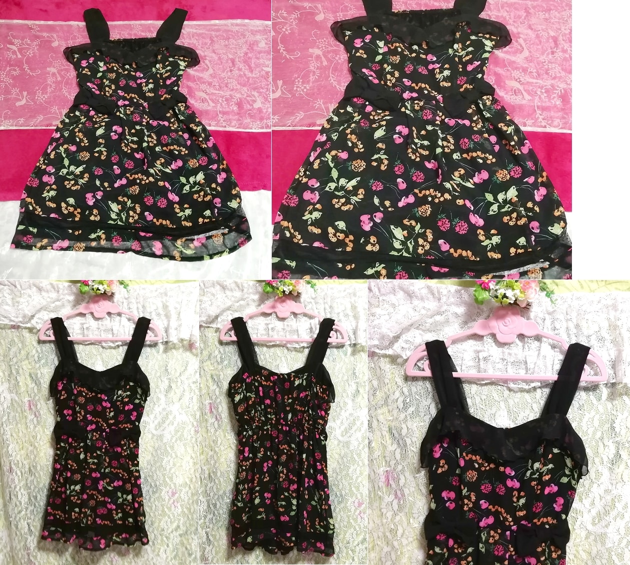 Black fruit pattern chiffon negligee nightgown sleeveless dress, mini skirt, m size