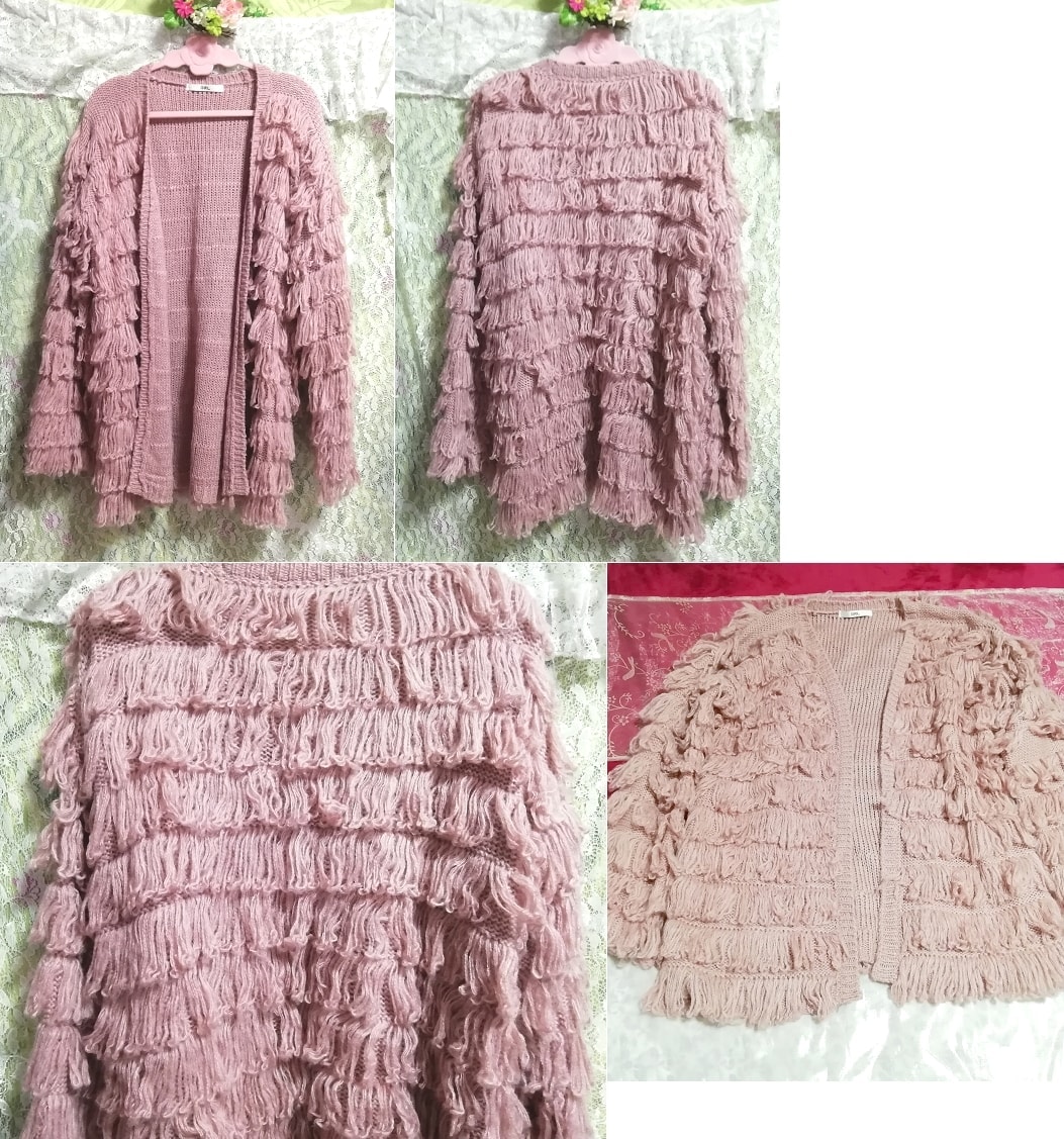 Pink fluffy acrylic yarn tiered ruffle knit cardigan, ladies' fashion, cardigan, m size