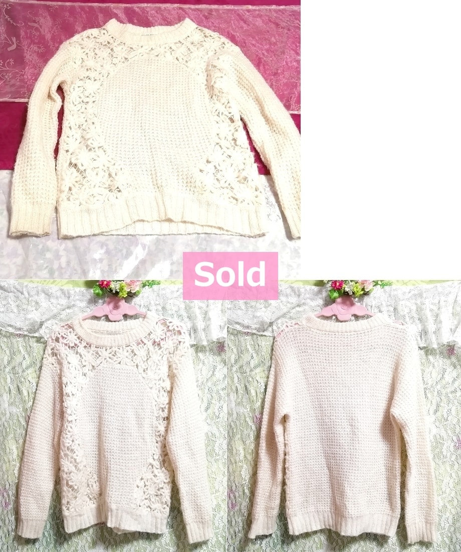White floral white flower lace long sleeve sweater knit tops, knit, sweater & long sleeve & medium size