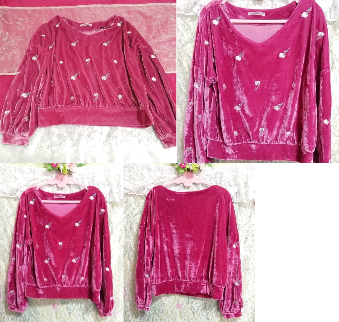 ピンク光沢長袖花柄チュニック/トップス Pink luster long sleeve flower pattern tunic tops, チュニック, 長袖, Mサイズ