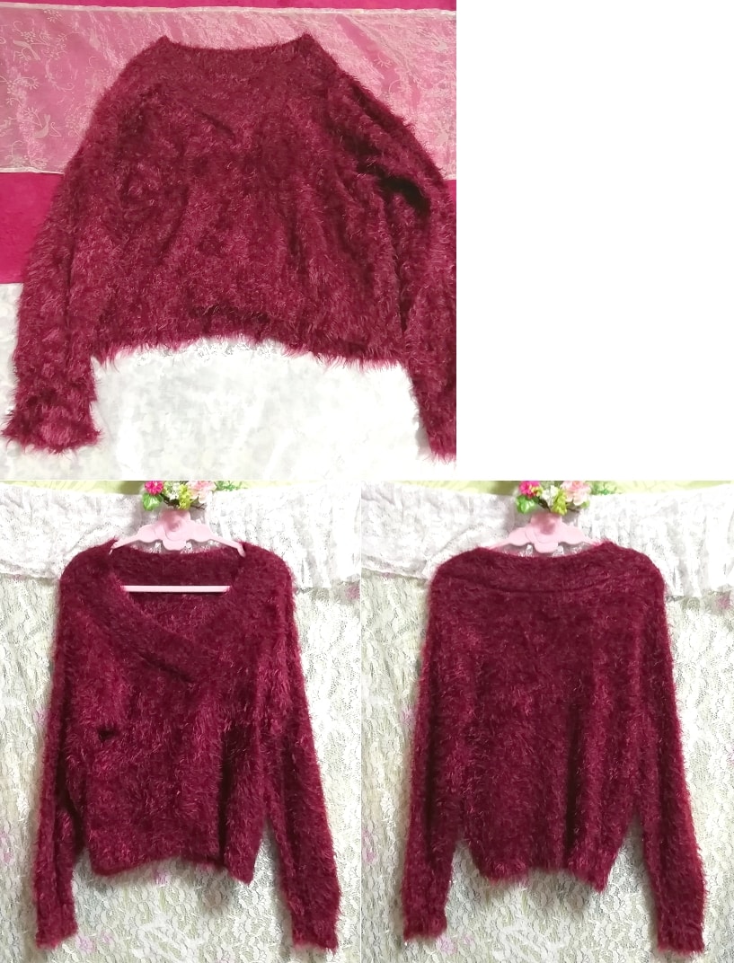 Tops de punto suéter de manga larga con cuello en v esponjoso rojo vino púrpura, tejer, suéter, manga larga, talla m