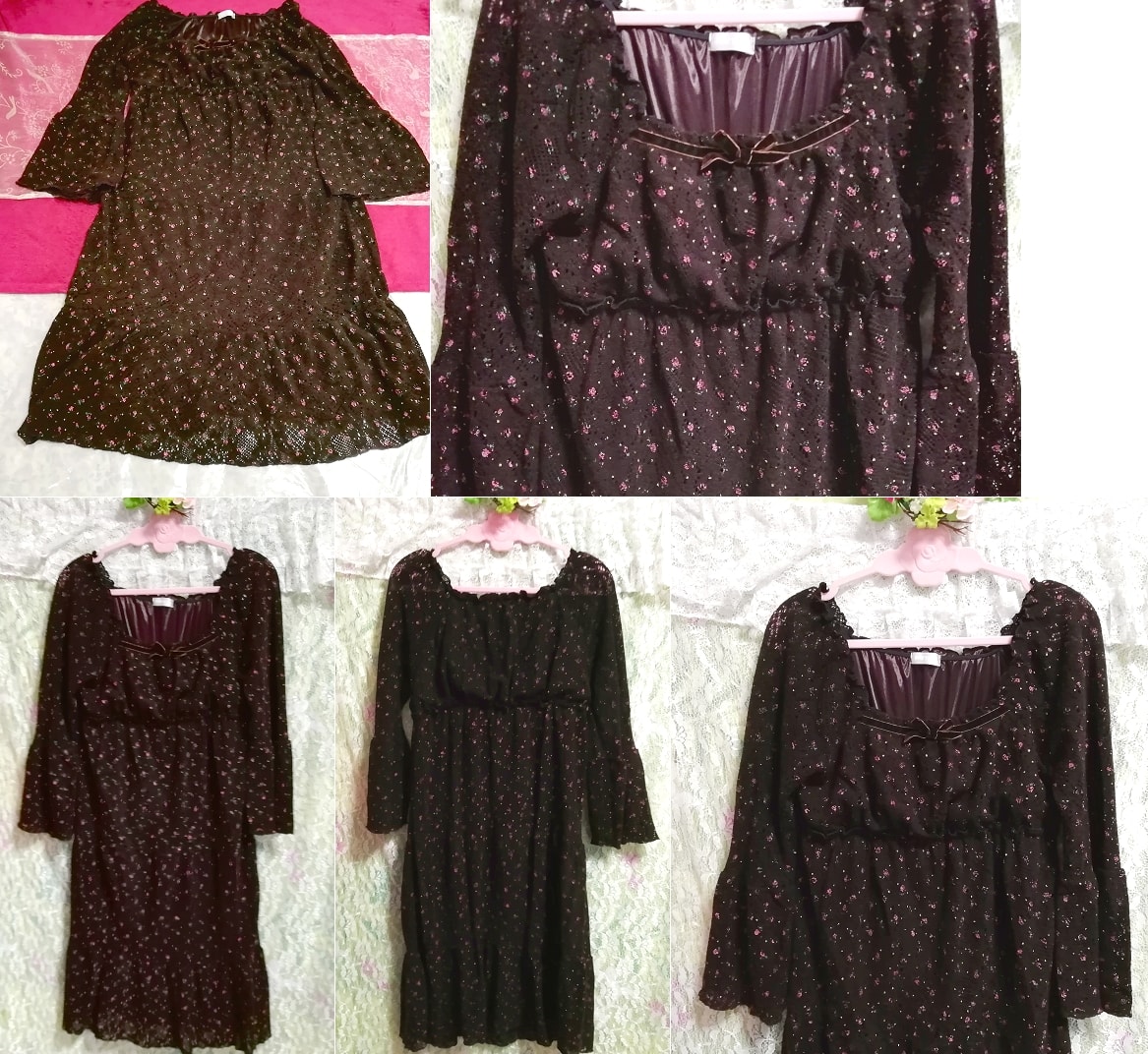 Dark brown long sleeve floral pattern flare lace negligee nightgown tunic dress, tunic, long sleeve, m size