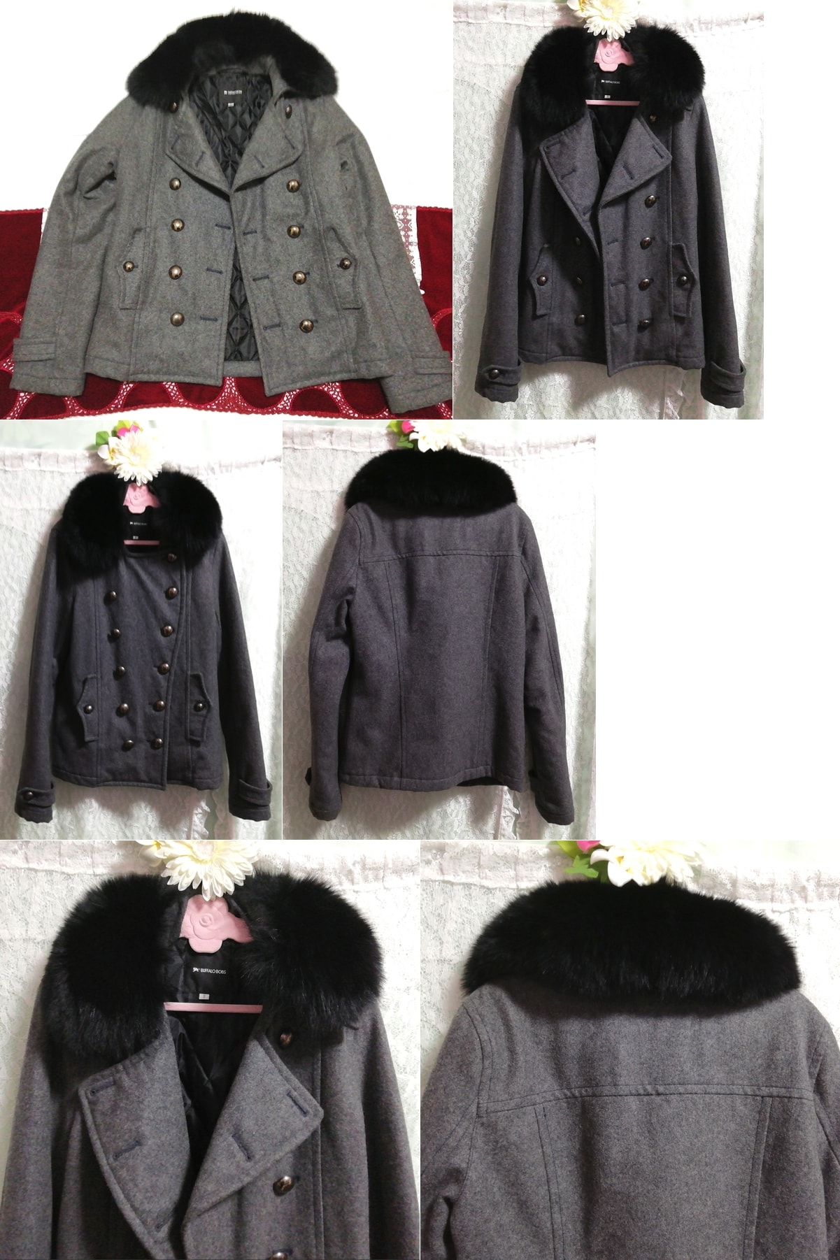 グレー黒フォックスファーピーコート外套 Gray black fox fur pea coat cloak, コート, コート一般, Mサイズ