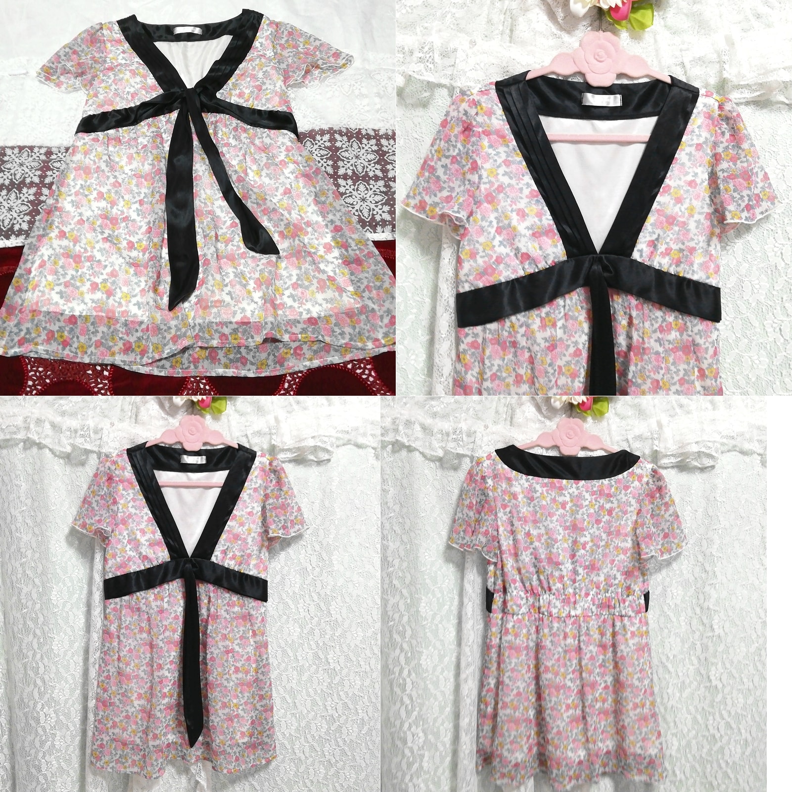 Black v-neck floral print chiffon negligee nightgown tunic dress, knee length skirt, m size