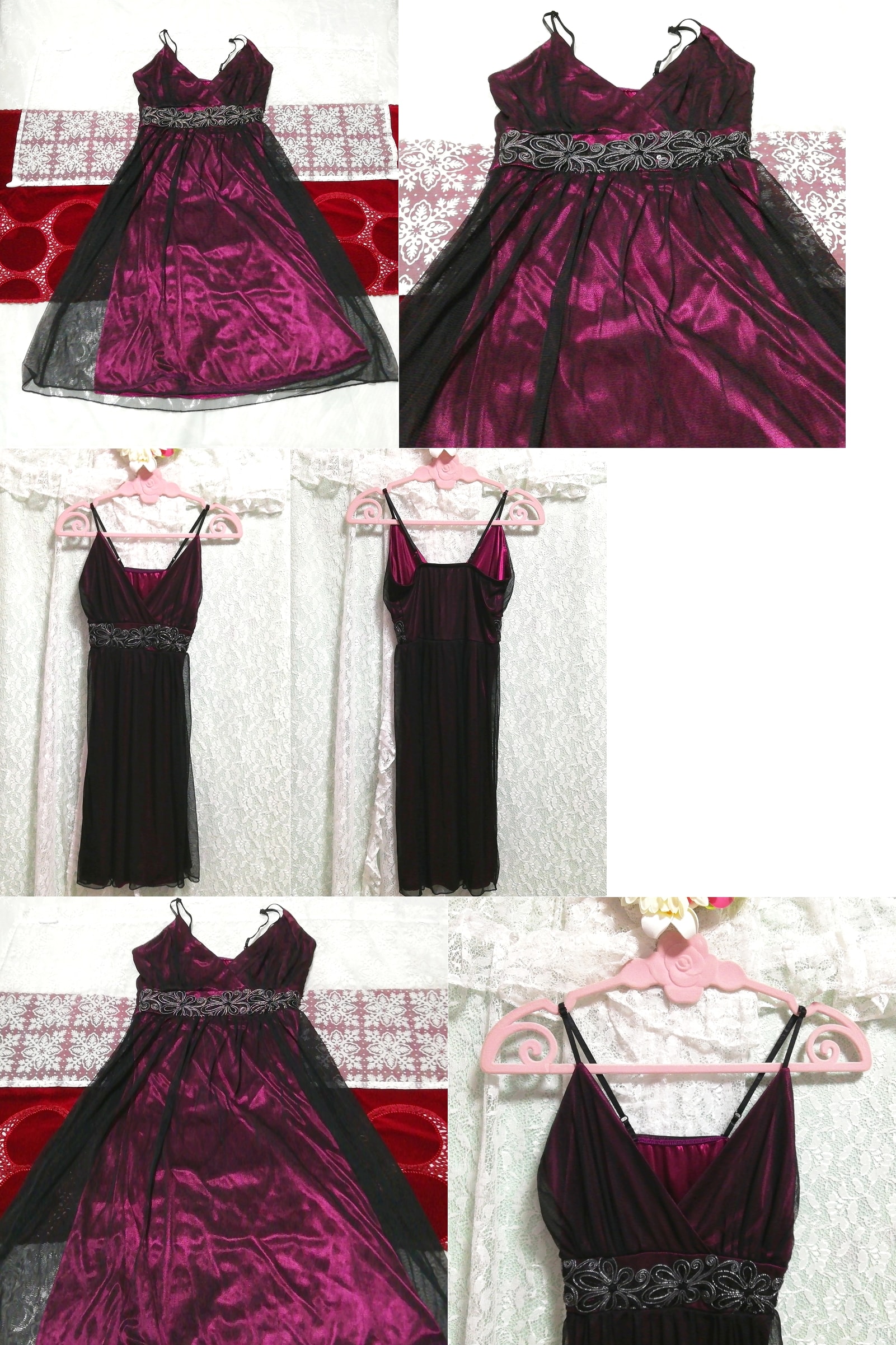 紫黒サテンレースネグリジェキャミソールワンピースベビードールドレス Purple black satin lace negligee camisole babydoll dress, ワンピース, ひざ丈スカート, Mサイズ