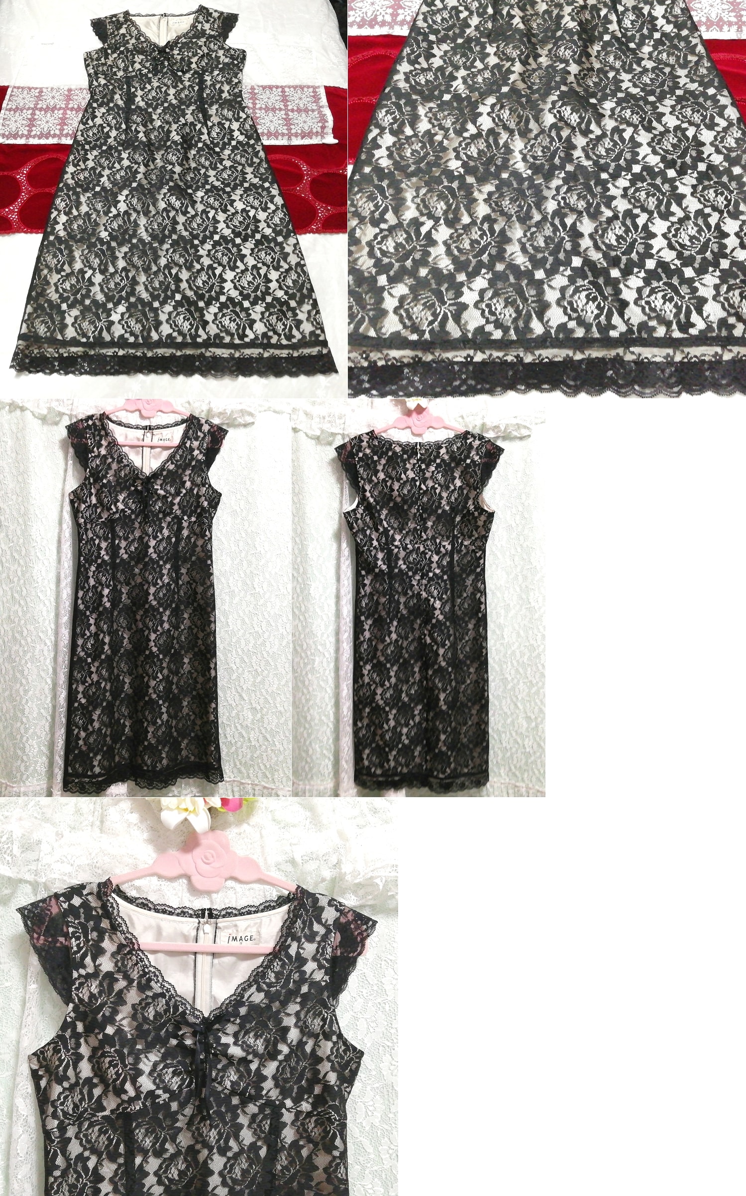 블랙 로즈 레이스 네글리제 나이트가운 민소매 원피스 드레스, 무릎길이 스커트, m 사이즈