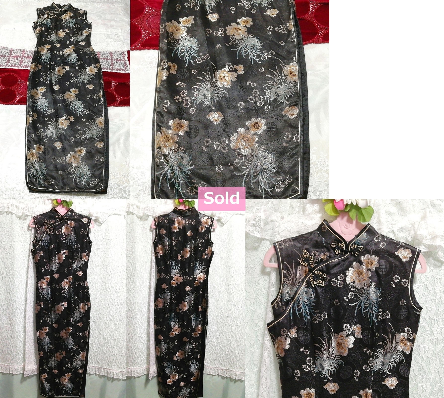 花柄黒チャイナドレスマキシワンピースドレス Flower pattern black cheongsam china maxi dress, レディースファッション, フォーマル, ワンピース