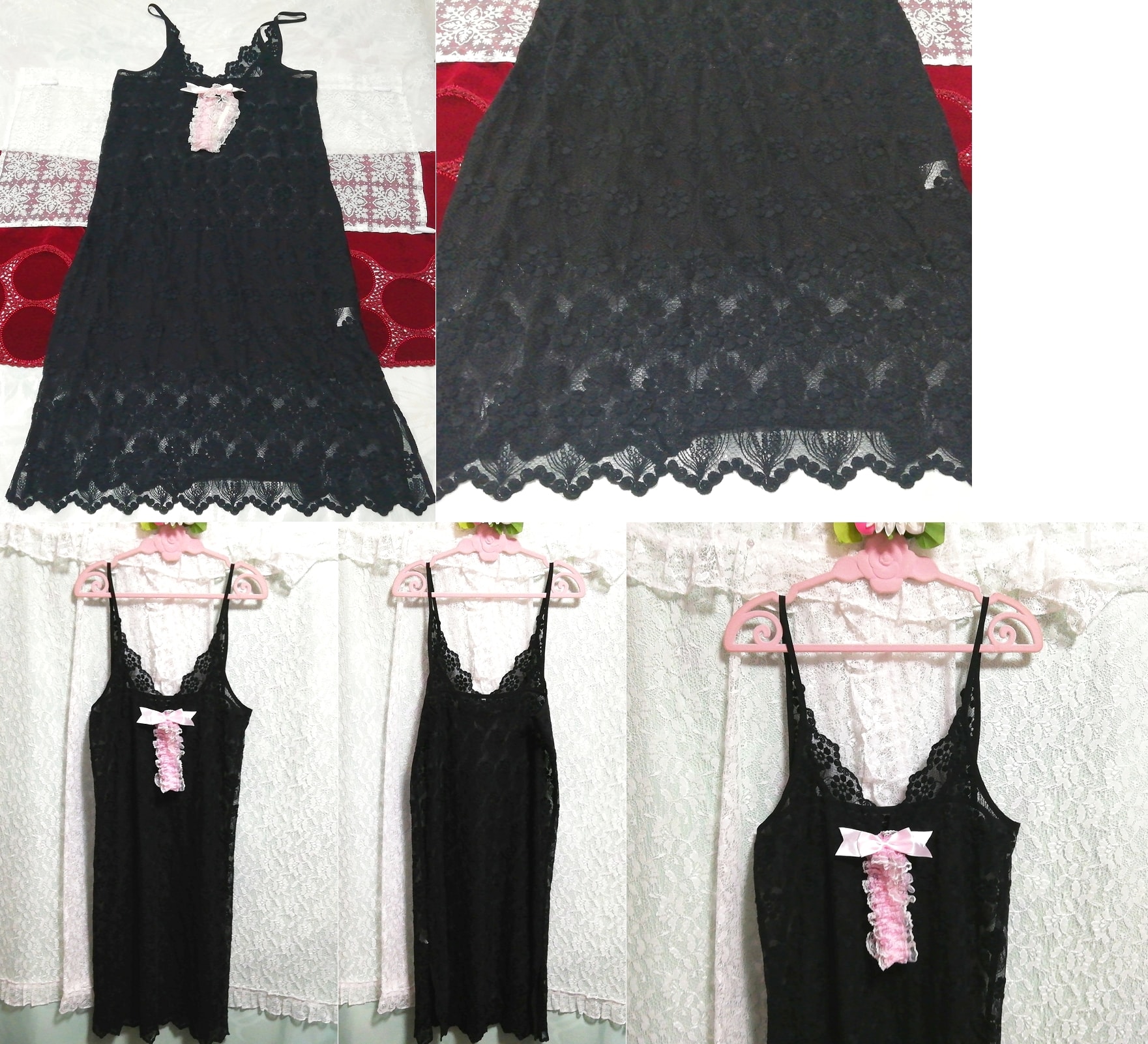 黒シースルーレースピンクリボン ネグリジェ キャミソールワンピース Black see-through lace pink ribbon negligee camisole dress, ファッション, レディースファッション, キャミソール