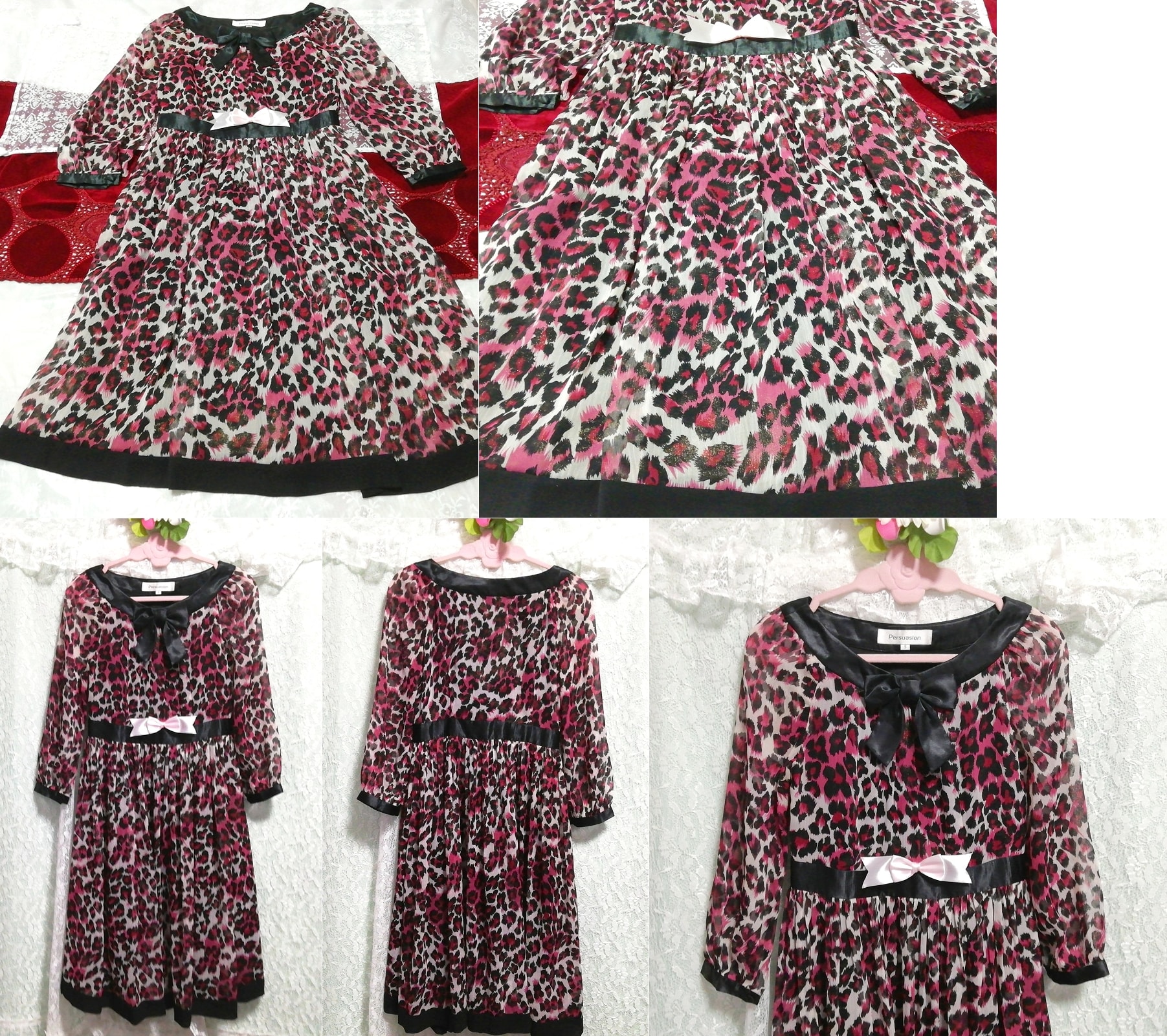 Schwarz-rosafarbenes, langärmliges Tunika-Negligé-Nachthemdkleid aus Chiffon mit Leopardenmuster, Tunika, lange Ärmel, Größe m