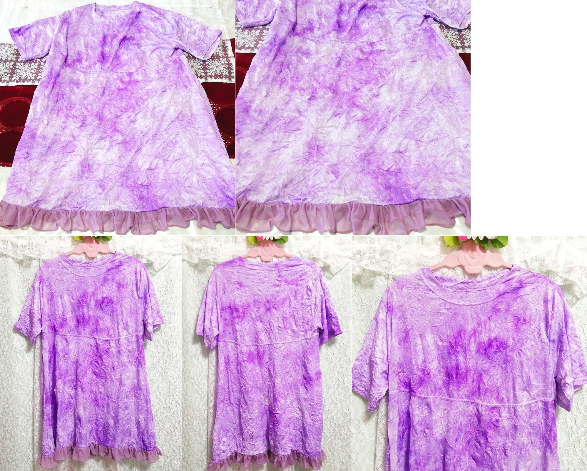 紫色褶边艺术图案雪纺短袖长款束腰睡衣连衣裙, 外衣, 短袖