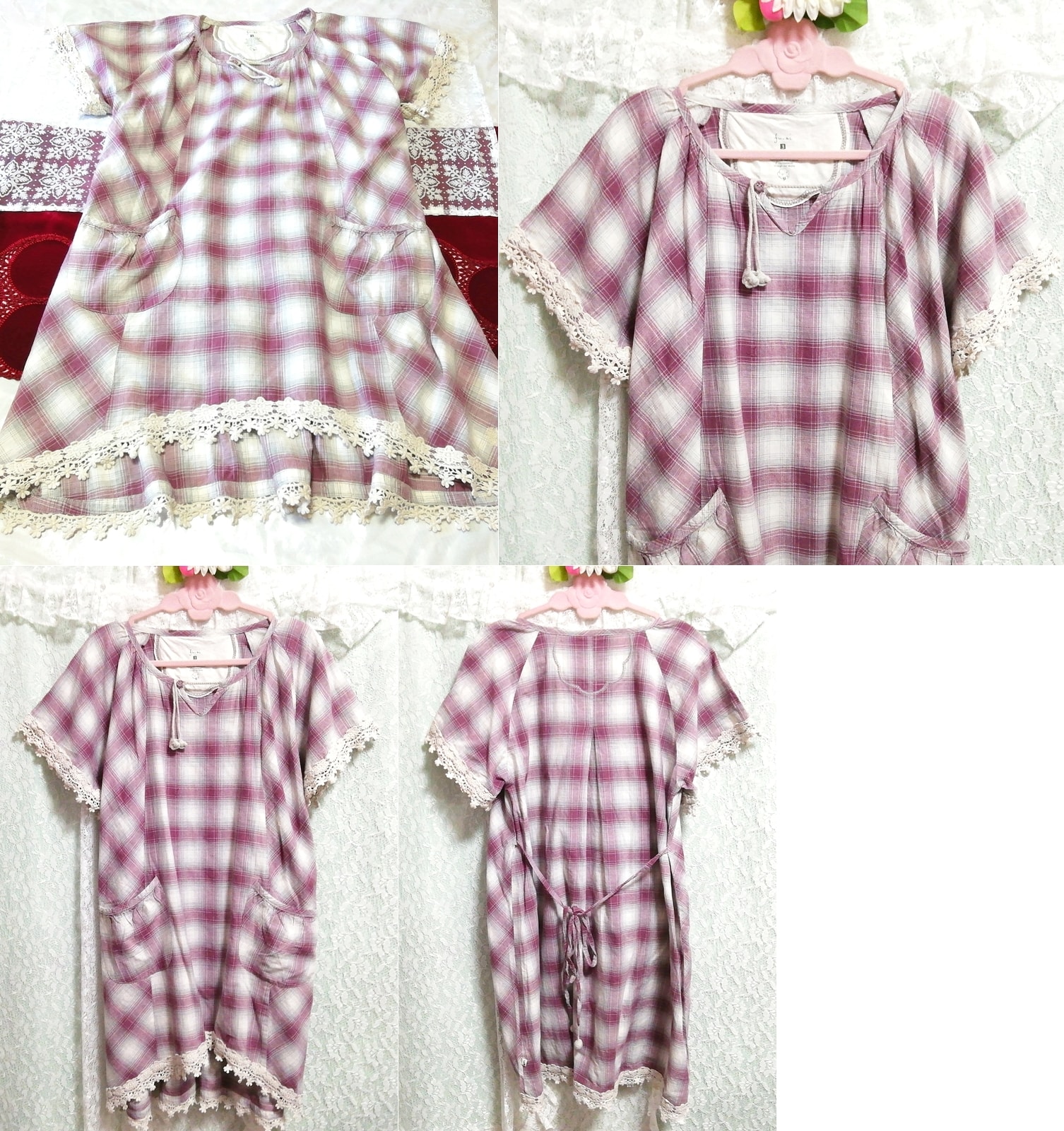 Kurzärmliges Tunika-Negligé-Nachthemdkleid aus violett-grau-weißer Spitze aus Baumwollleinen, Tunika, Kurzarm, Größe m