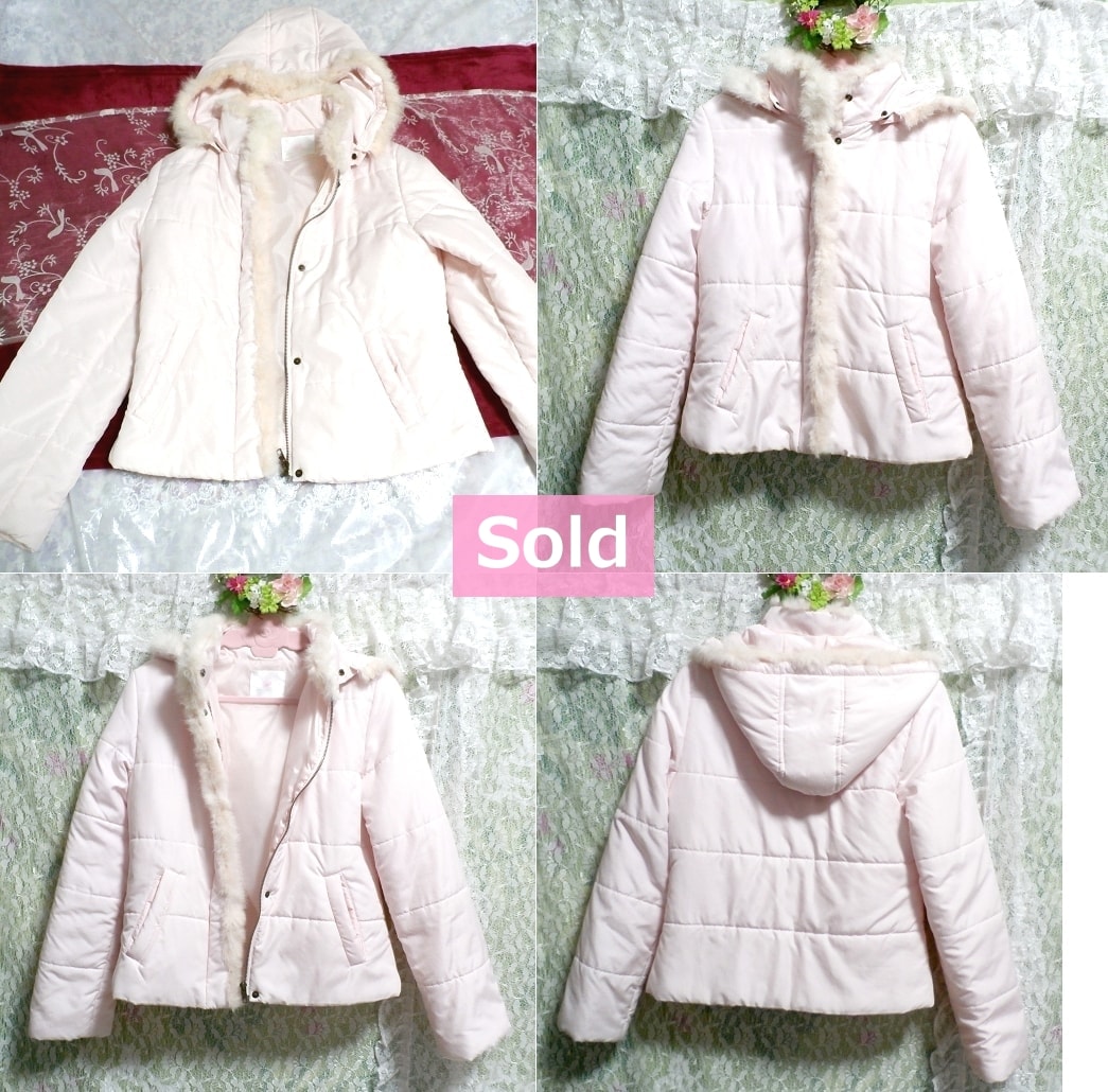 Light pink rabbit fur hooded blouson coat / outer