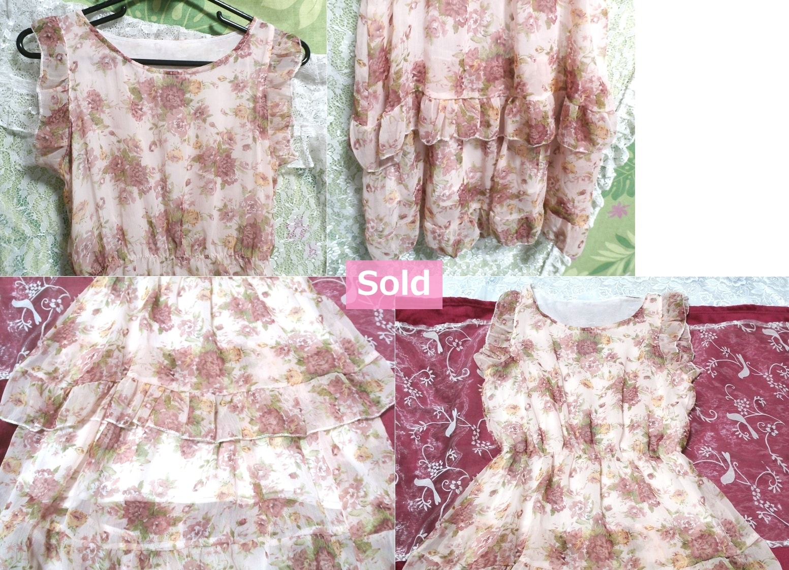 淡いピンクの花柄フリル可愛いミニワンピース/チュニック Light pink flower pattern ruffle cute little dress/tunic