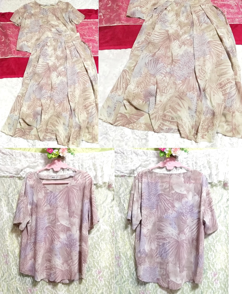 Flaxen beige leaf pattern chiffon two-piece tops and long skirt 2-piece set, fashion, ladies' fashion, others