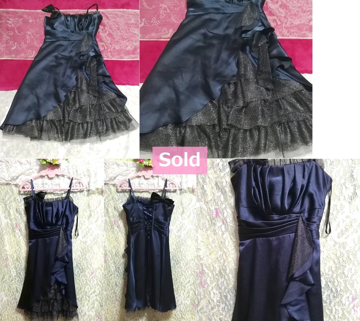 Navy blue navy camisole lace black ribbon one piece dress Blue navy camisole lace black ribbon one piece dress