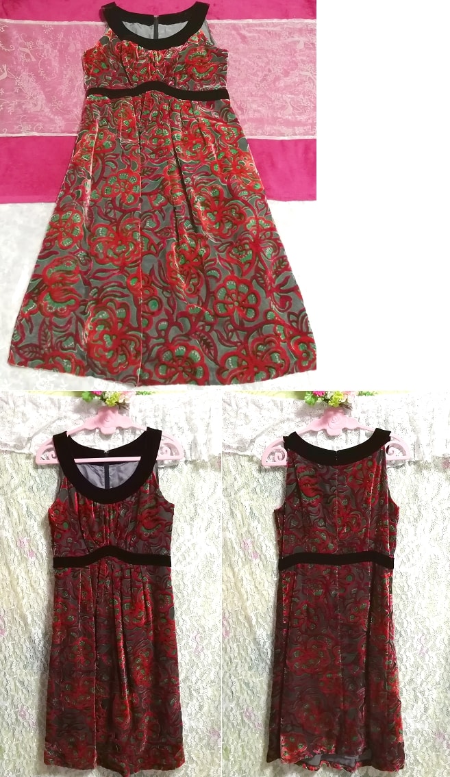 赤花柄ベロアノースリーブネグリジェチュニックワンピース Red flower pattern velour negligee sleeveless skirt tunic dress, ワンピース, ひざ丈スカート, Mサイズ