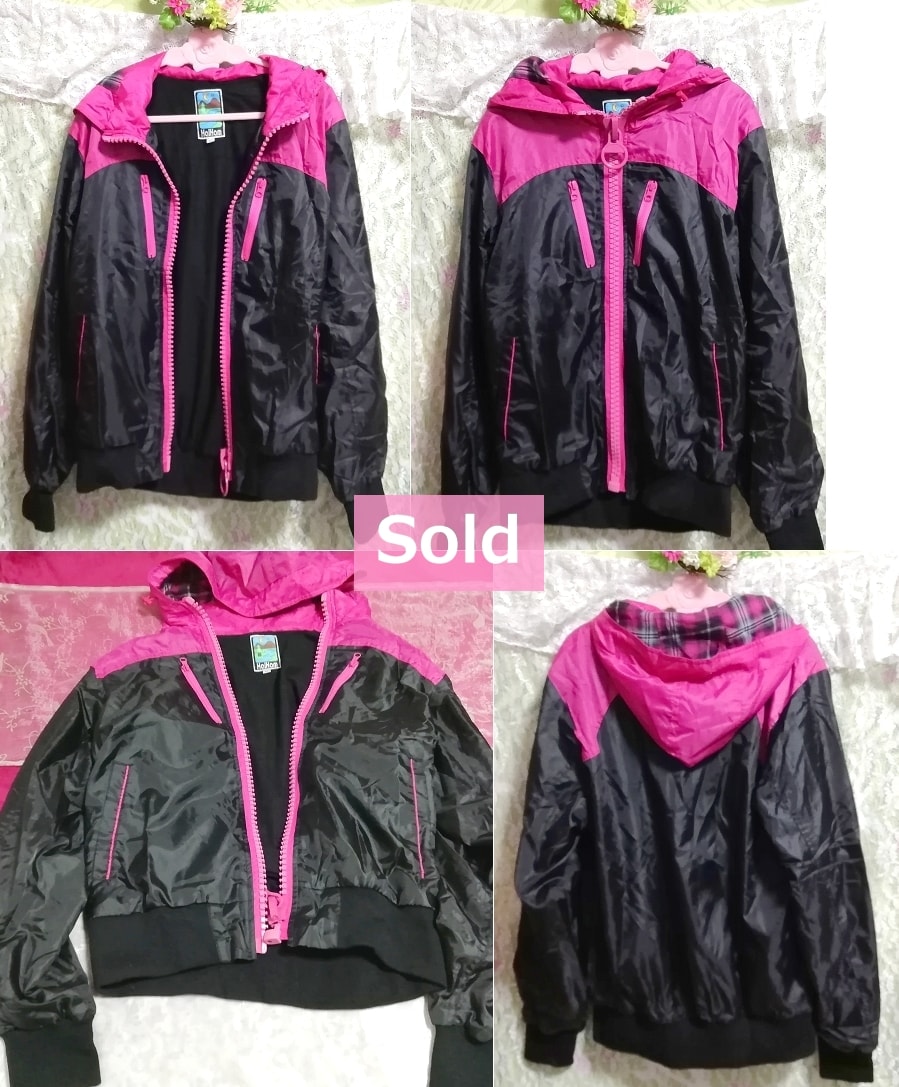 黒とピンクチャックレインコート/カーディガン/羽織 Black pink chuck rain coat cardigan, レディースファッション&カーディガン&Lサイズ