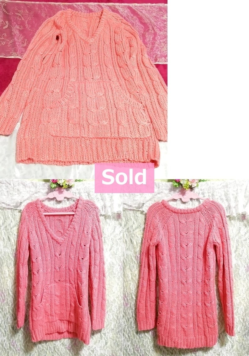 Suéter de manga larga con cuello en V grueso rosa Tops de punto Suéter de manga larga con cuello en V grueso rosa Tops de punto