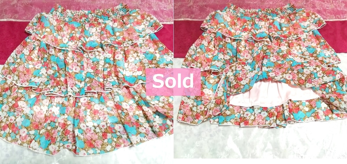 Light blue red white pink brown floral chiffon 3-tiered ruffle mini skirt