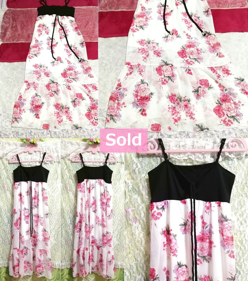 黒トップス白ピンク花柄シフォンスカートキャミソールマキシワンピース Black tops white pink floral print chiffon skirt maxi dress