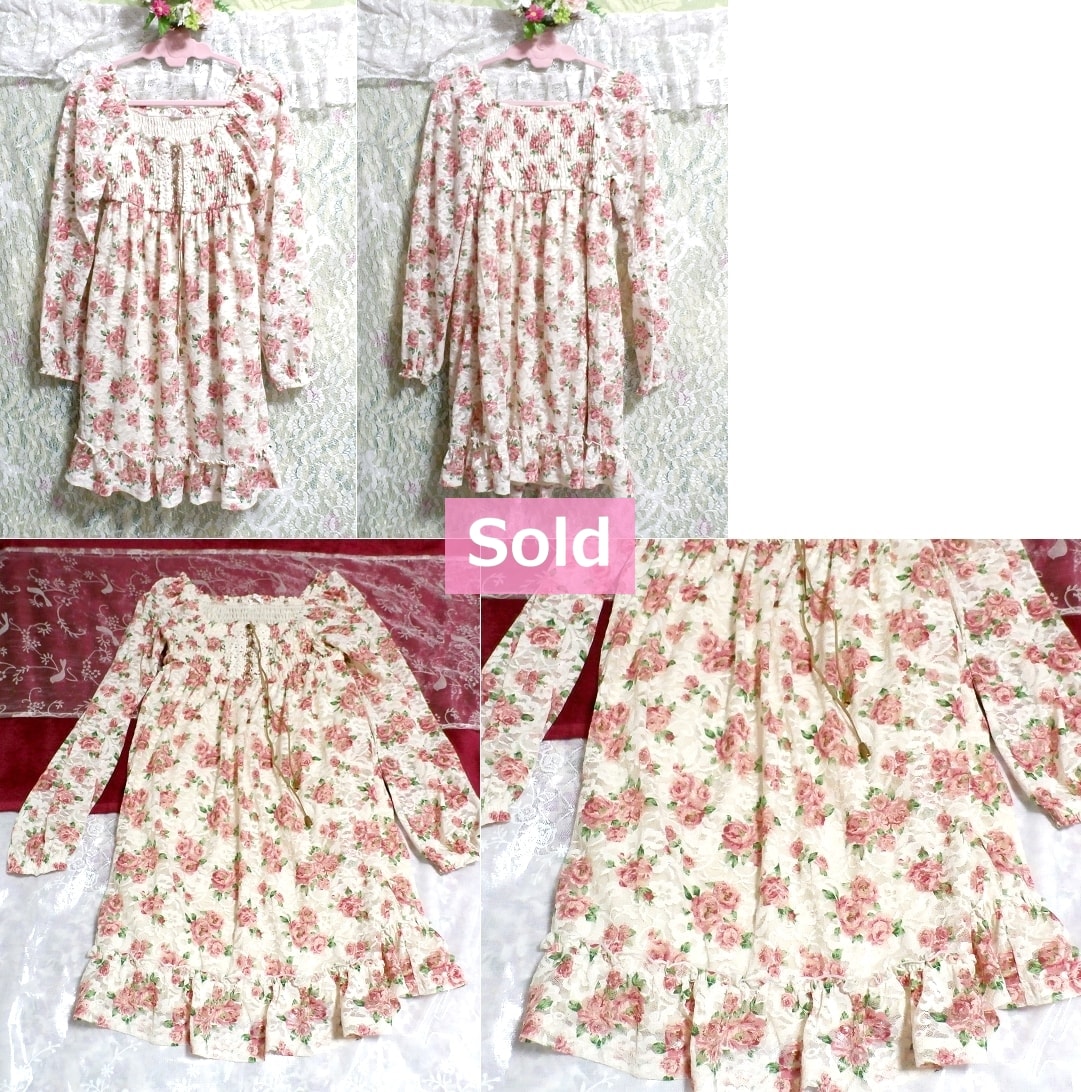 白ホワイトとピンク花柄レースガーリーチュニック/トップス White and pink floral pattern lace girly tunic/tops