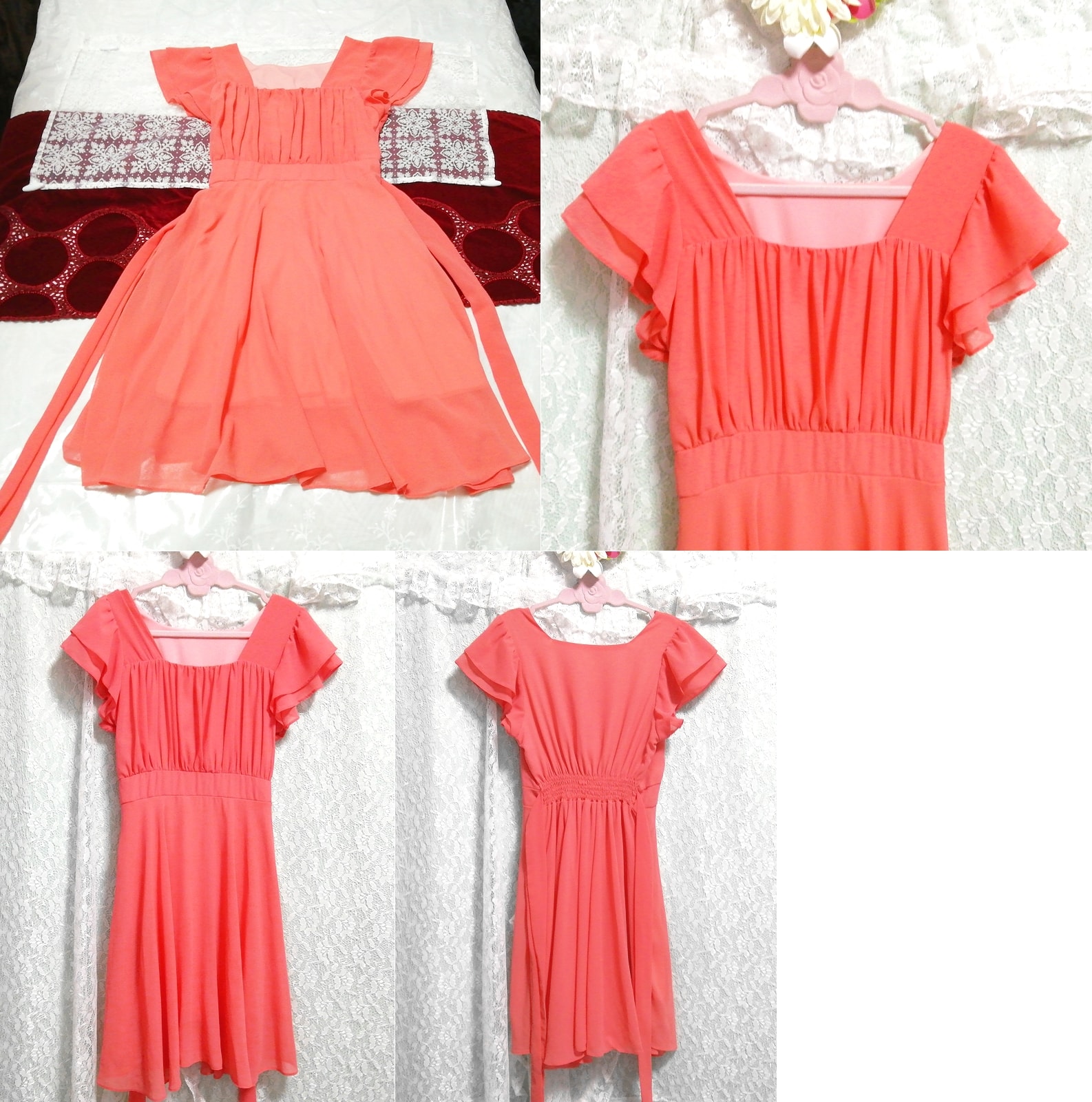 Salmon pink chiffon negligee nightgown tunic dress, knee length skirt, m size