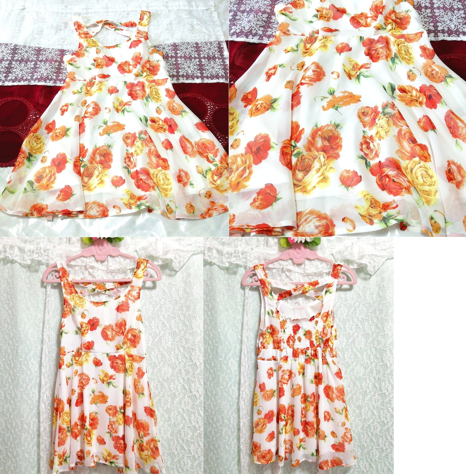 White red orange floral pattern chiffon sleeveless negligee nightgown mini dress, mini skirt, m size