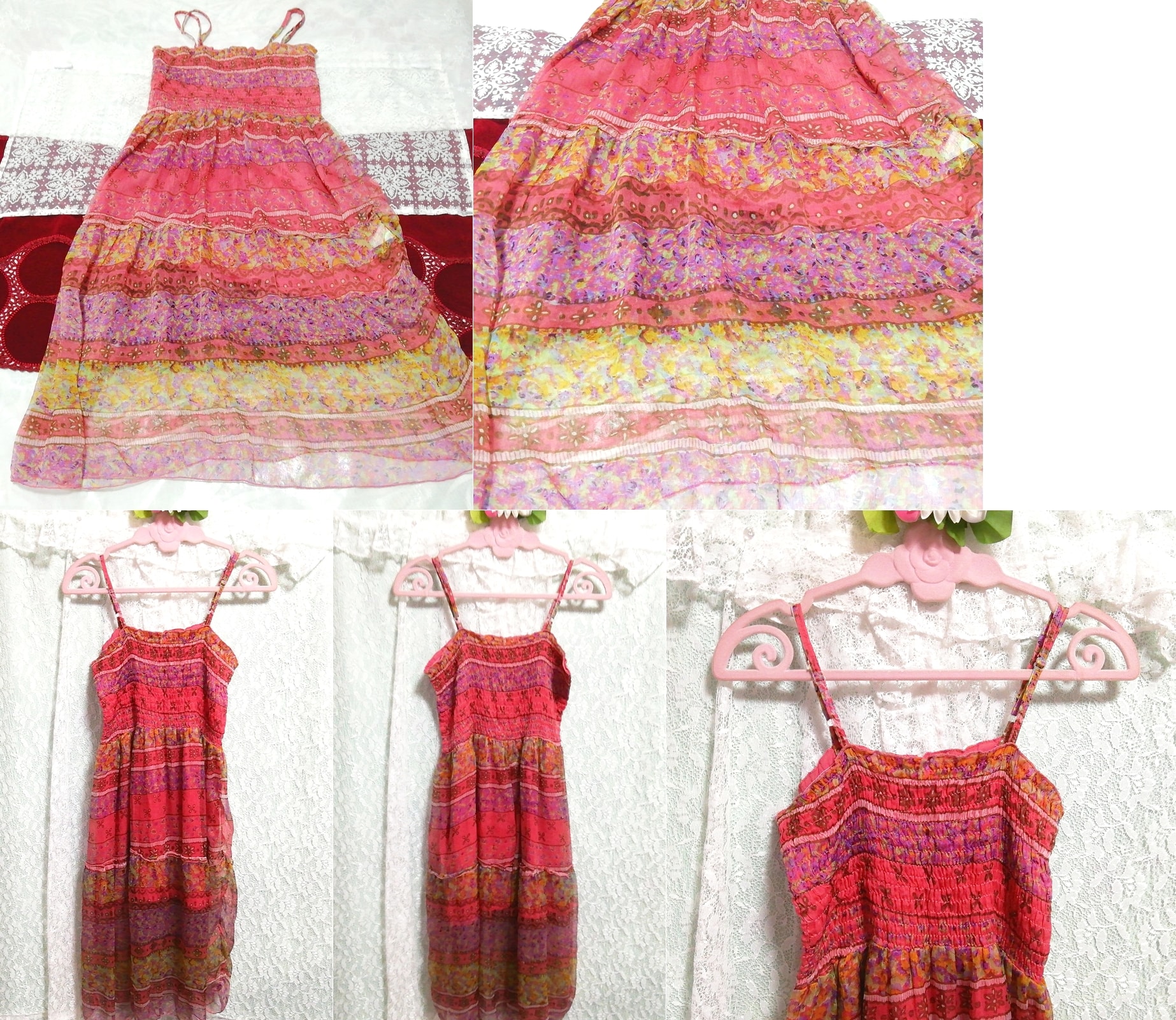 Rot-rosa Chiffon-Negligé-Nachthemd mit Blumenmuster und Babydoll-Kleid, Mode, Frauenmode, Leibchen