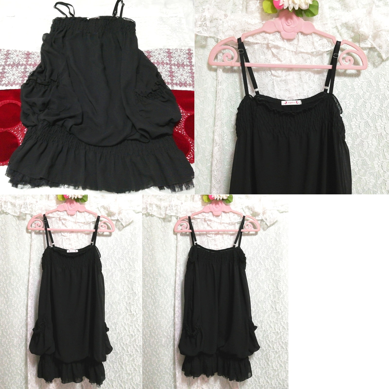 Black chiffon lace pocket negligee nightgown miniskirt camisole dress, fashion, ladies' fashion, camisole