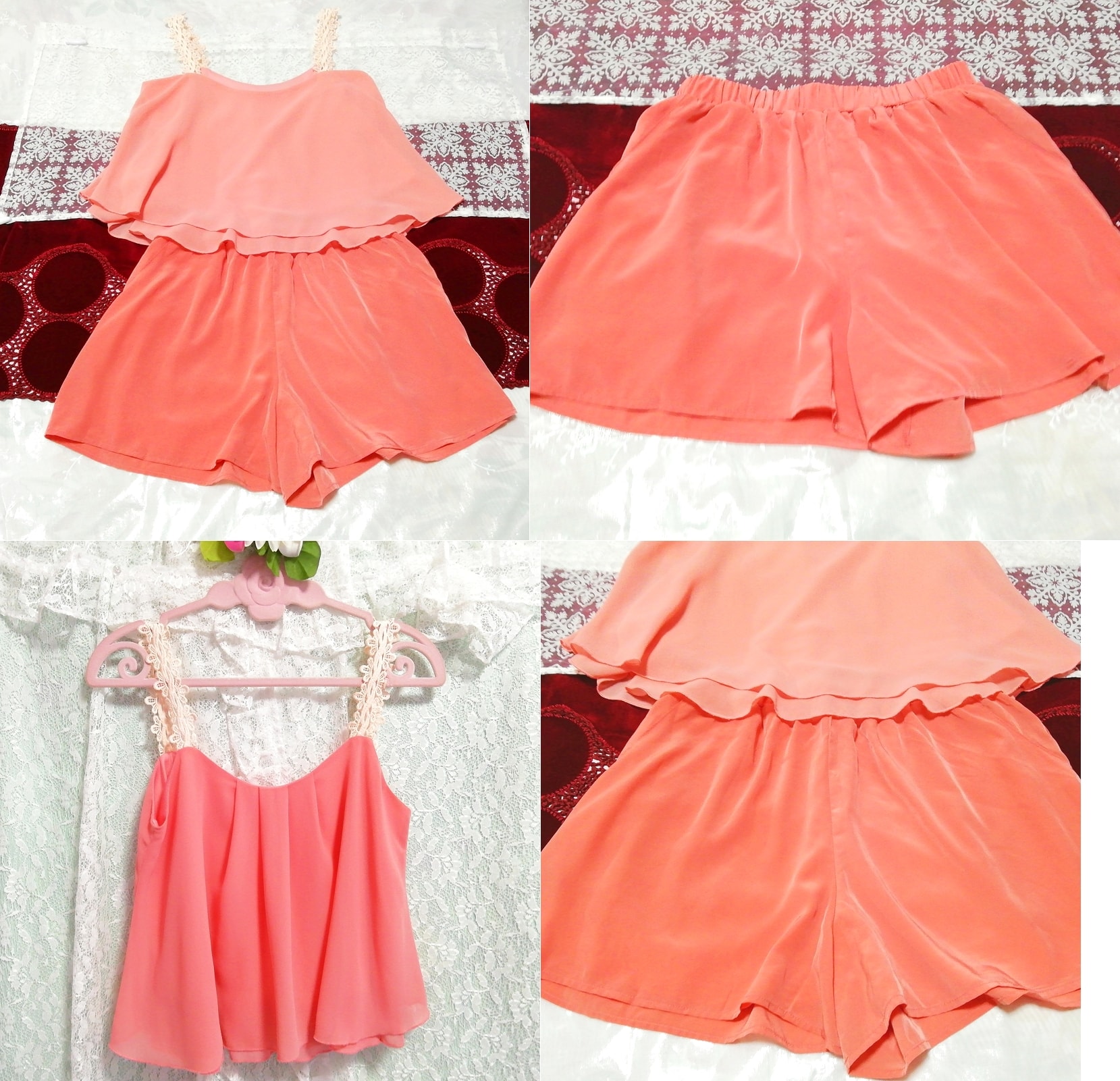 Pink chiffon camisole negligee nightgown nightwear shorts 2P, fashion, ladies' fashion, nightwear, pajamas