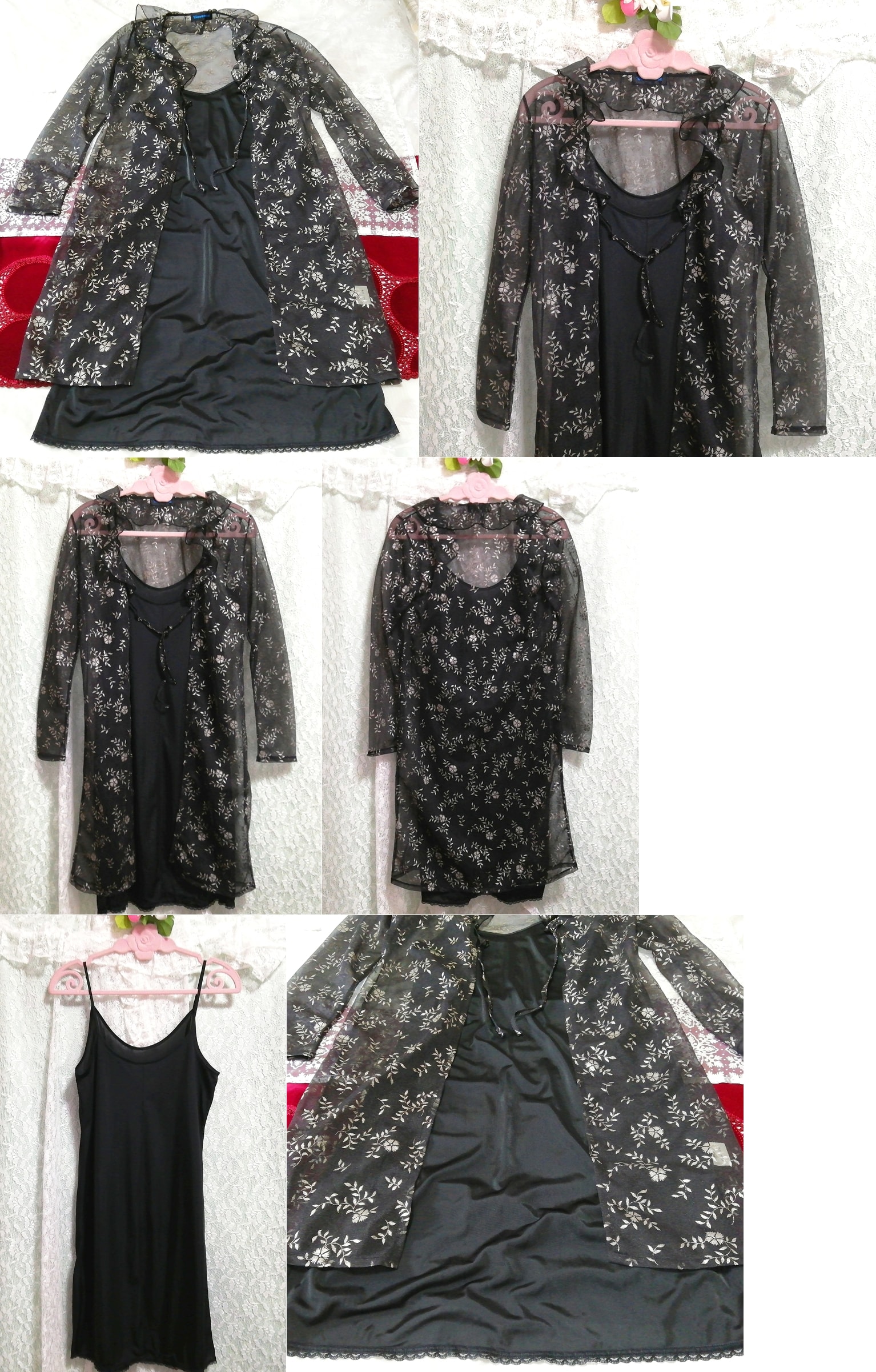 블랙 시스루 겉옷 가운 네글리제 나이트가운 나이트 웨어 캐미솔 베이비돌 드레스 2P, 패션, 숙녀 패션, 잠옷, 잠옷