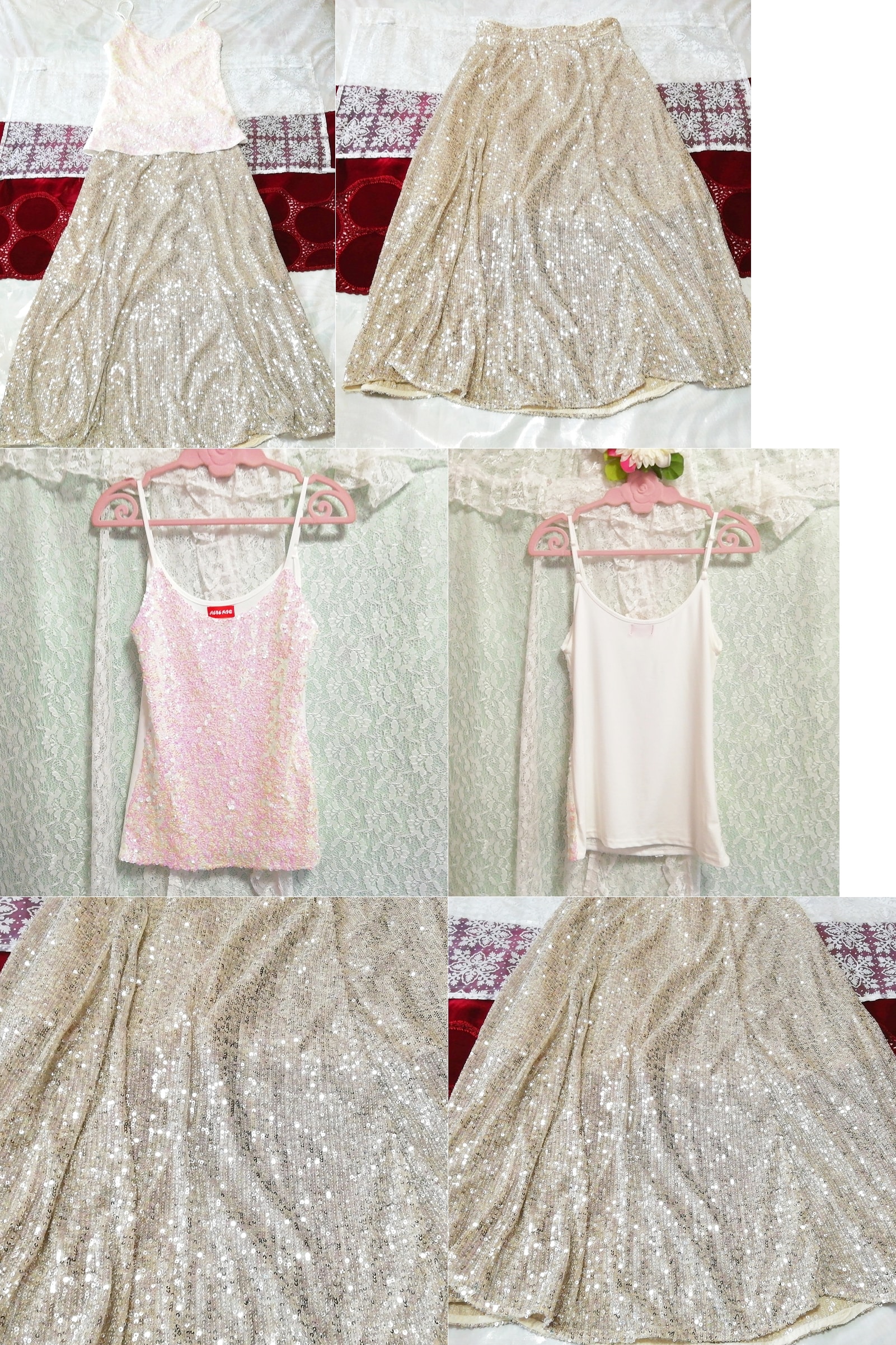 Blanc rose paillettes camisole déshabillé chemise de nuit lin jupe longue robe 2P, mode, mode féminine, vêtement de nuit, pyjamas