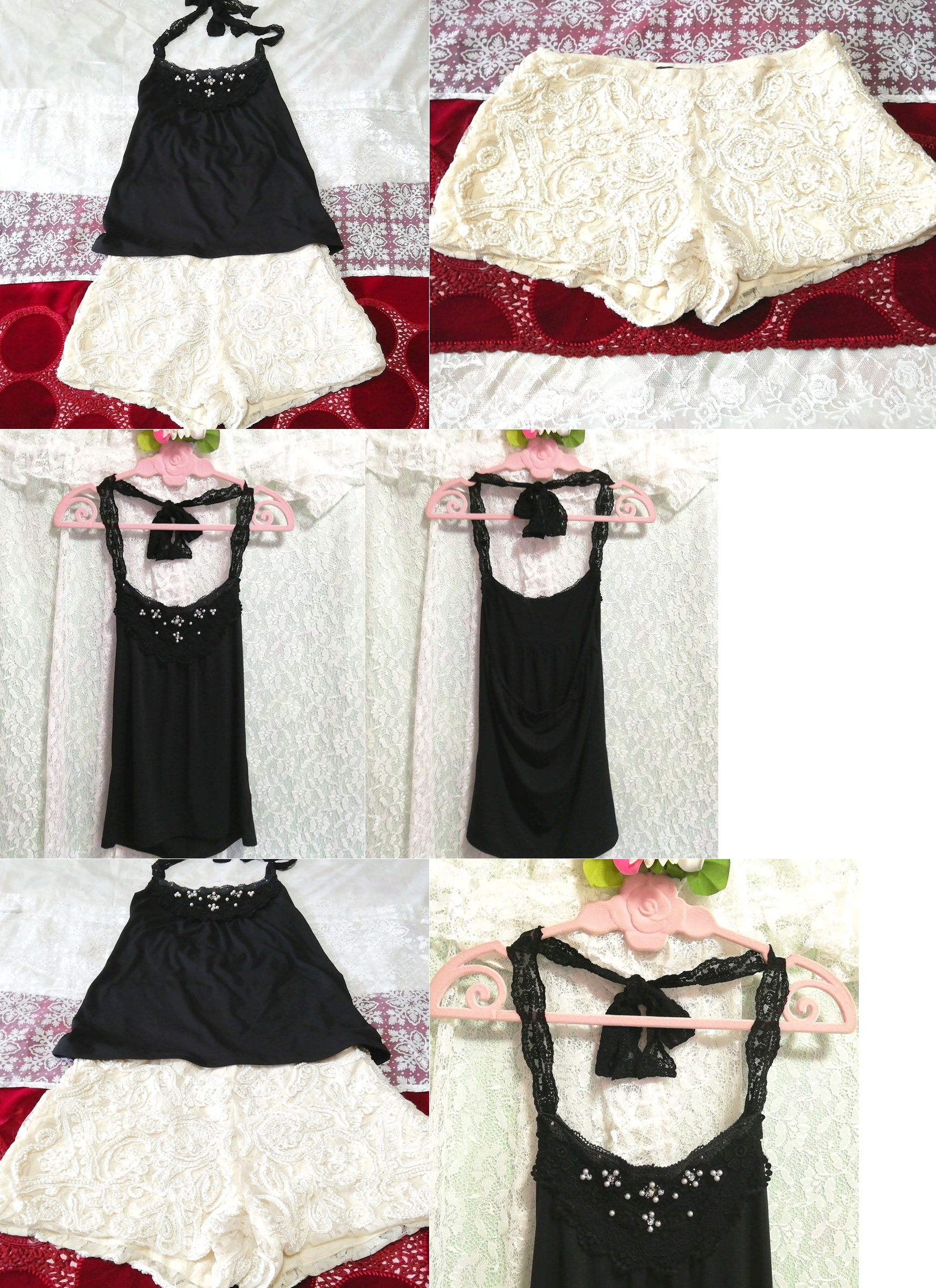 Black lace camisole negligee nightgown white beads shorts 2P, fashion, ladies' fashion, nightwear, pajamas