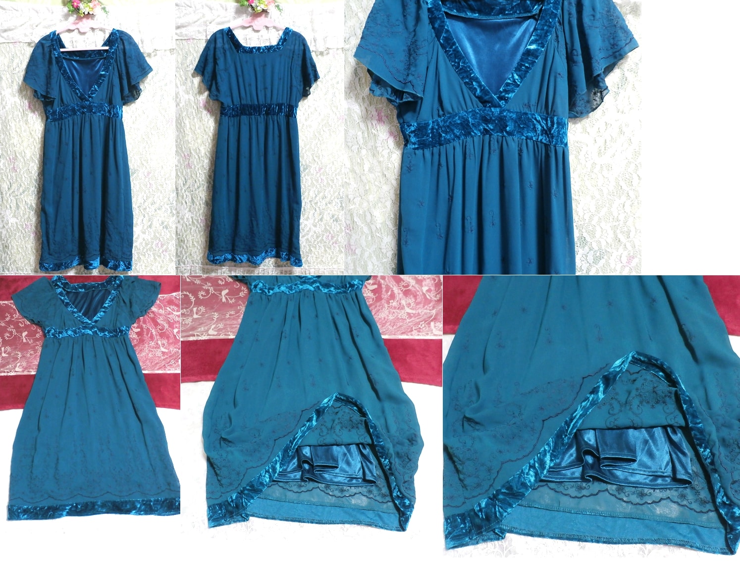 Tiefblaugrünes Negligé-Nachthemdkleid mit V-Ausschnitt und Tunika-Kleid, Knielanger Rock, Größe m
