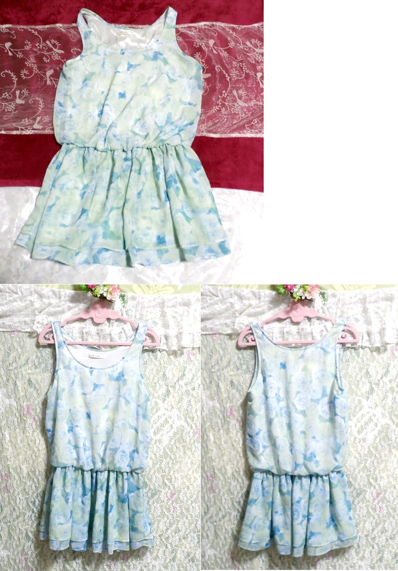 Light blue floral pattern negligee nightgown sleeveless mini skirt dress, knee length skirt, m size