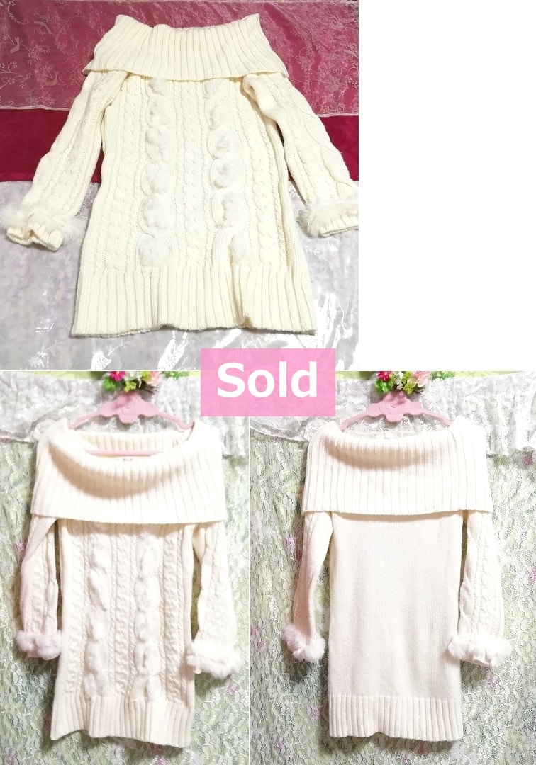 White white rabbit fur decorative knitting long sleeve/sweater/knit/tops, knit, sweater, long sleeve, medium size