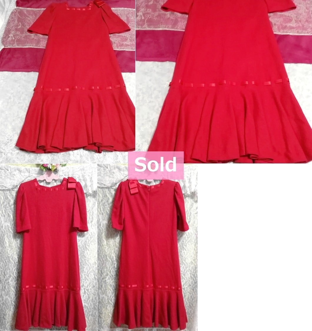 日本製赤レッドアンゴラ毛ニットリボンフレアスカートワンピースドレス Made in Japan red angora knit ribbon flare skirt onepiece dress