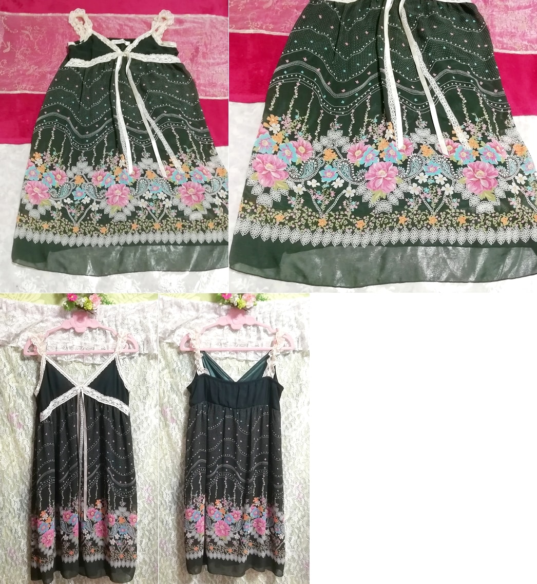 Camisón tipo bata de gasa con estampado floral negro, verde y gris, falda hasta la rodilla, talla m