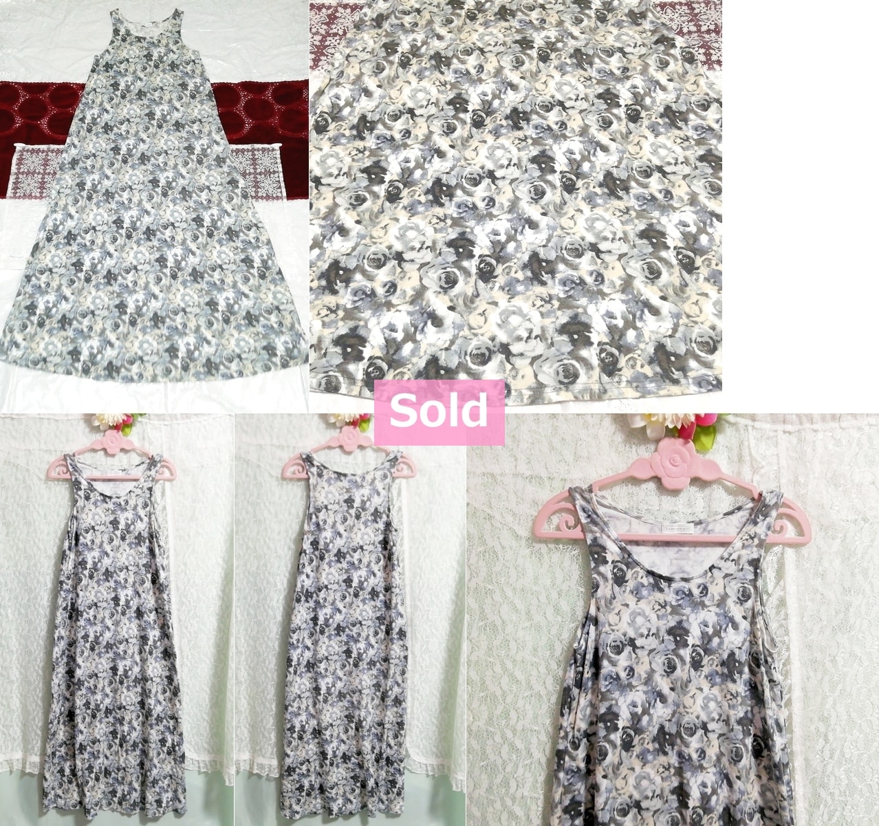 灰グレー花柄ノースリーブマキシワンピース Gray floral sleeveless maxi dress, ワンピース&ロングスカート&Mサイズ