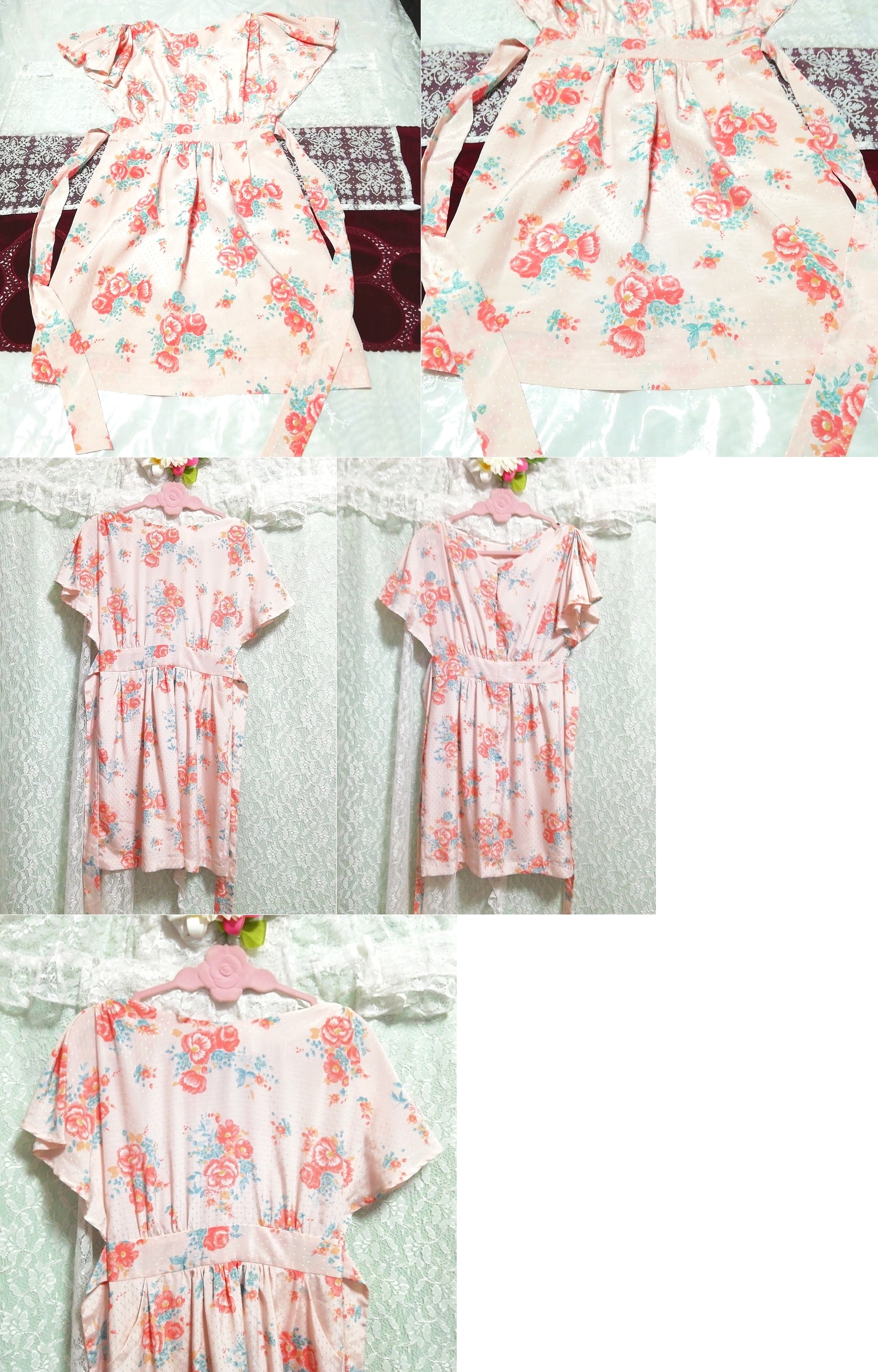 粉色花卉图案睡衣睡袍束腰连衣裙, 及膝裙
