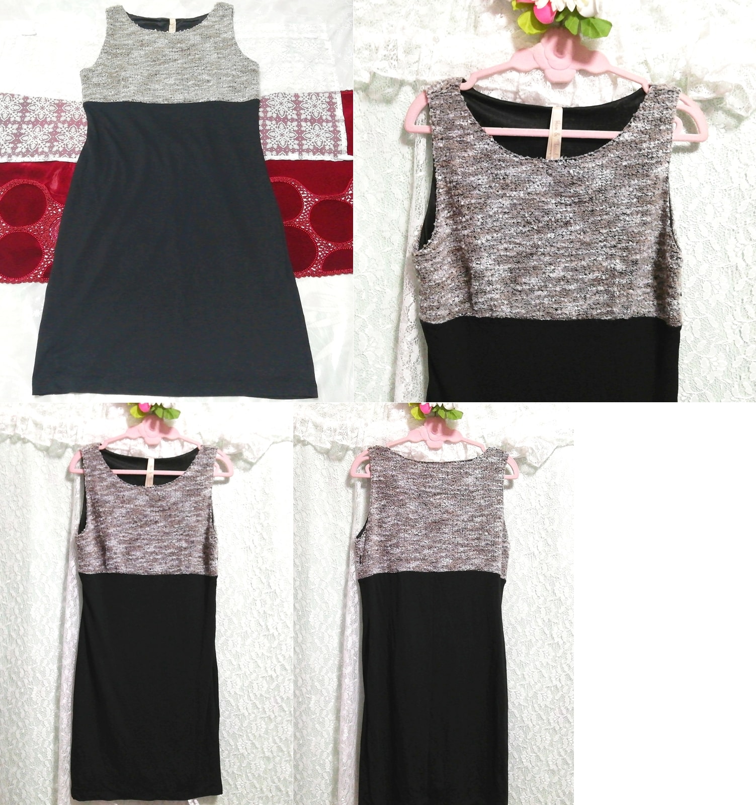 灰トップス黒スカートノースリーブネグリジェワンピース Gray tops black skirt sleeveless negligee dress, チュニック, 袖なし、ノースリーブ, Mサイズ