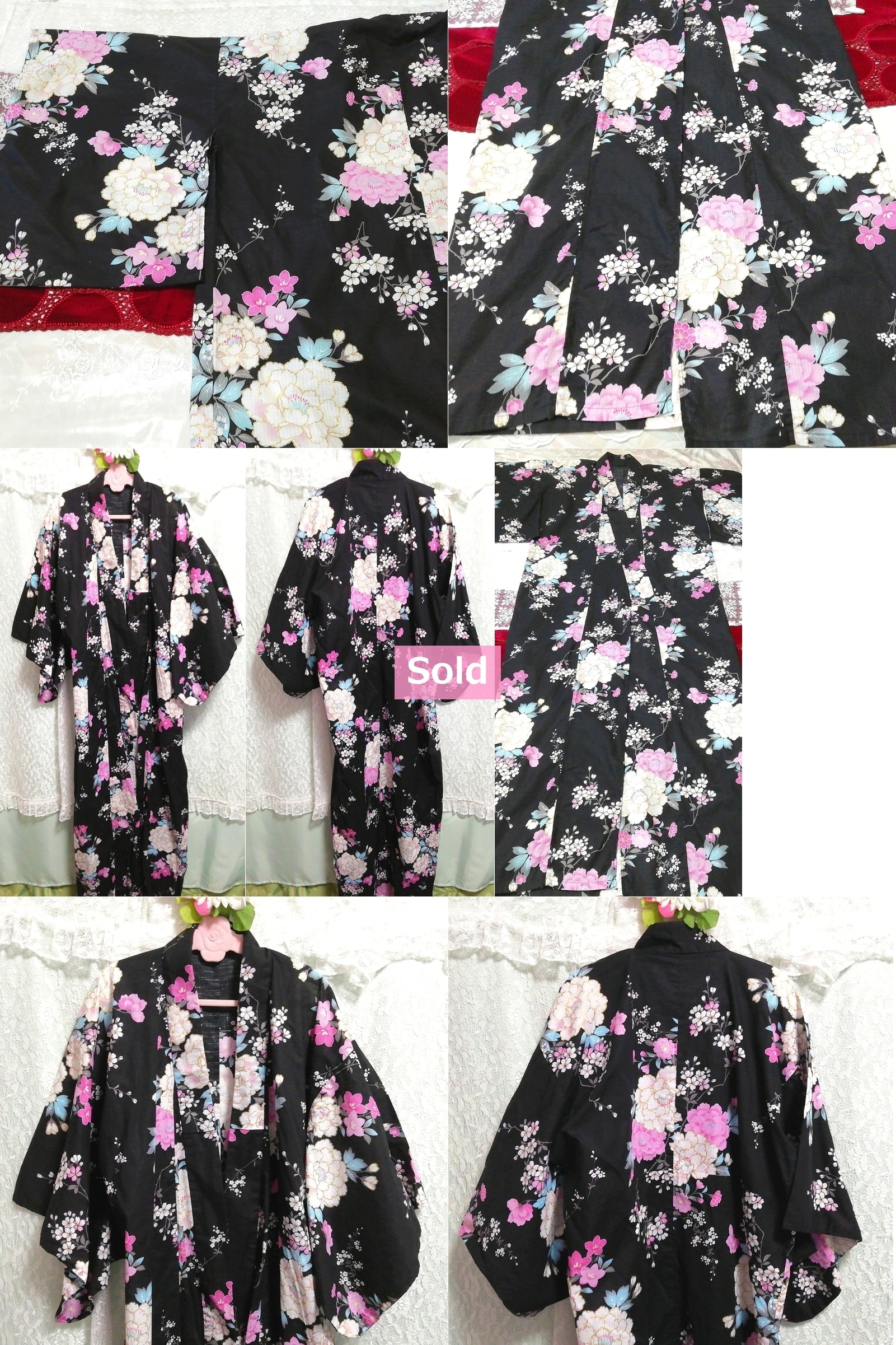 काला सफ़ेद गुलाबी पुष्प प्रिंट युक्ता किमोनो किमोनो जापानी पोशाक, महिलाओं के जापानी कपड़े, किमोनो, yukata, अन्य
