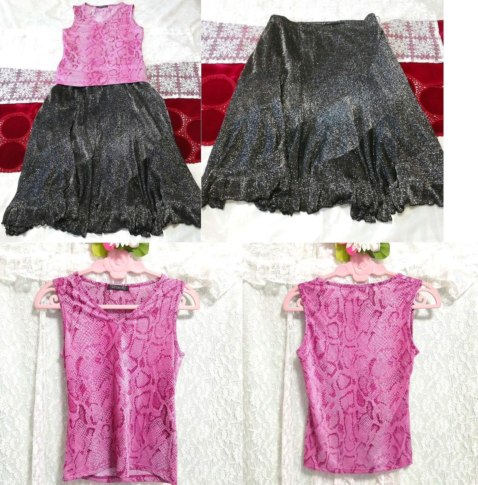 Фиолетово-розовая туника-неглиже, ночная рубашка, серая блестящая расклешенная юбка-русалка 2р., мода, женская мода, пижама, пижама