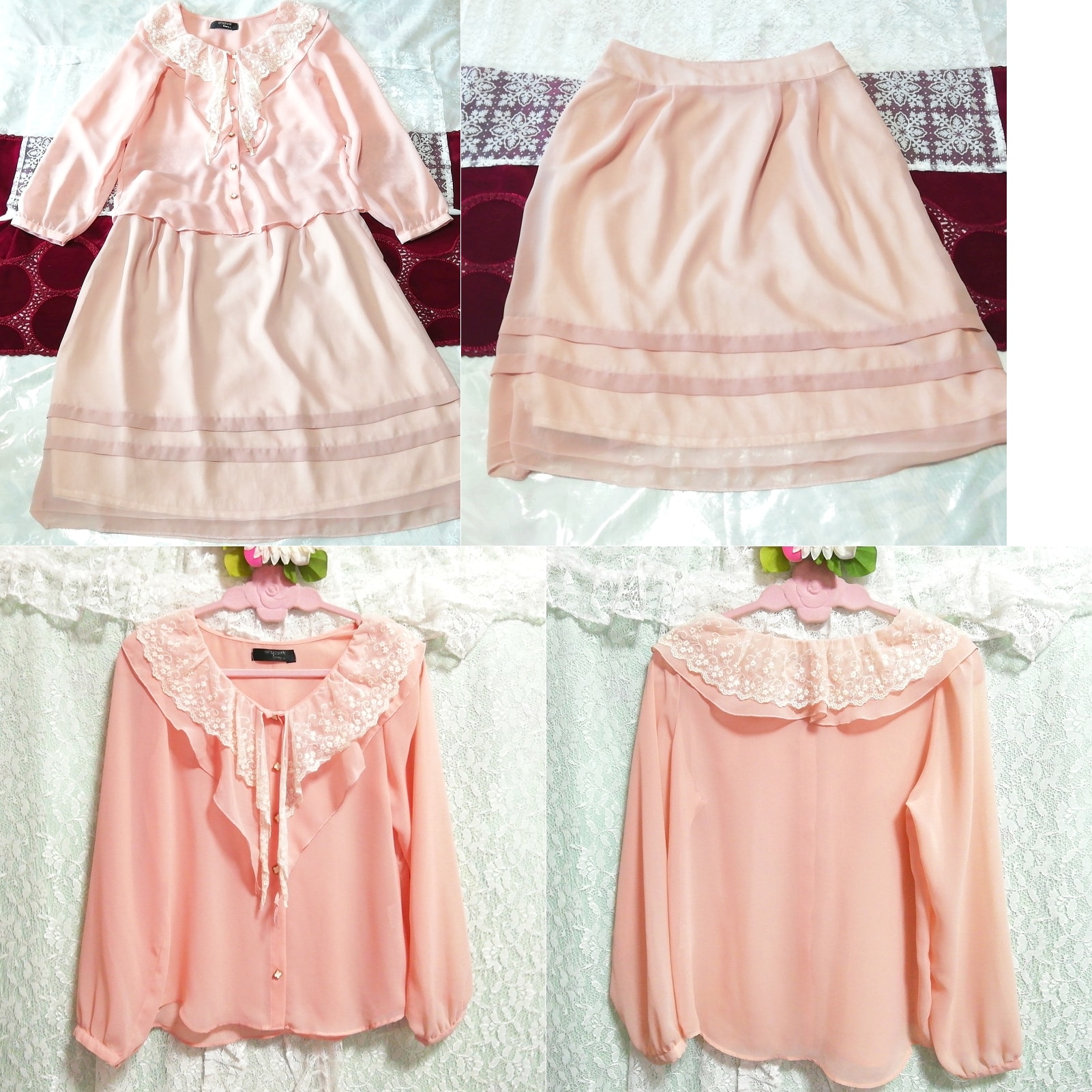 Pink chiffon white lace tunic negligee nightgown chiffon skirt dress 2P, fashion, ladies' fashion, nightwear, pajamas